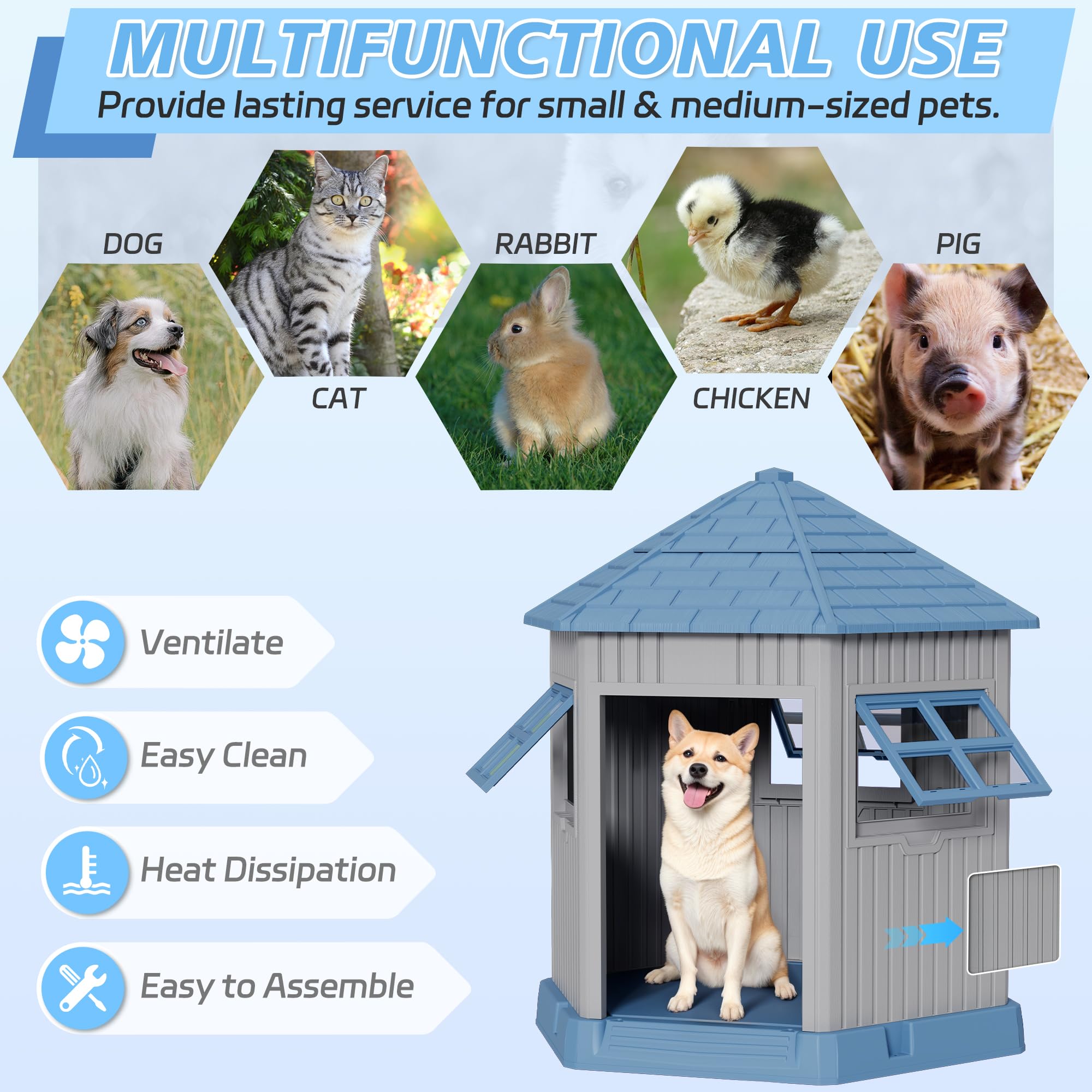 Fancyango Dog House for Small Medium Dogs, Weatherproof, Elevated Floor, 36.61''L x 29.5''W x 37.4''H, Blue-Grey, Model