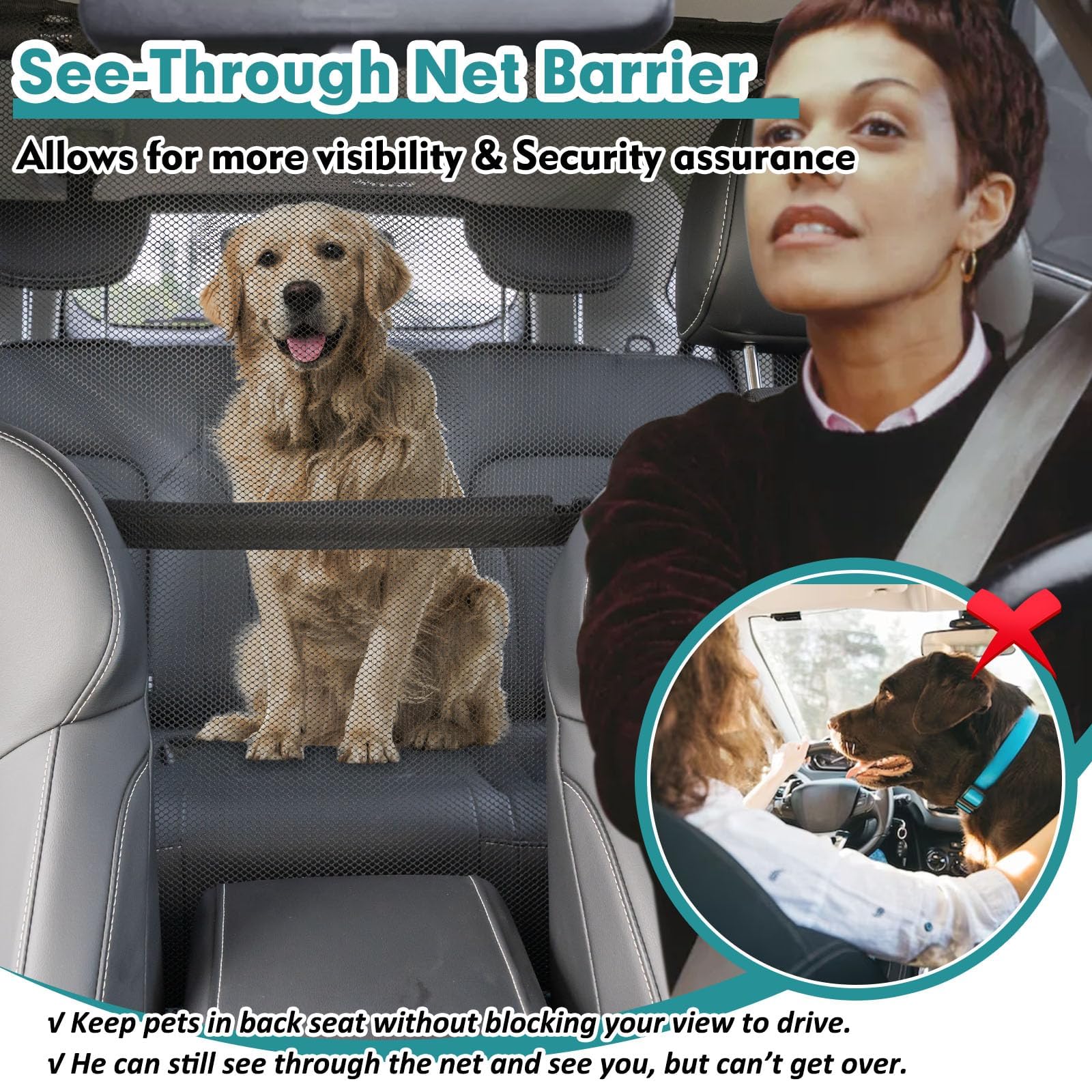 Dog Car Barrier Escape-Proof, 56'' Wide Divider for 2nd 3rd Row Seats & Cargo Area, Durable Back Seat Gate Trunk Barrier with Se