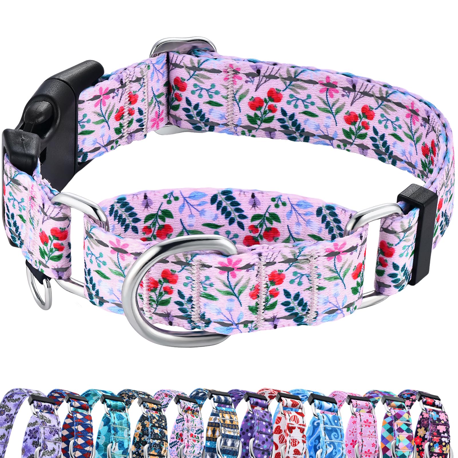 Fidohug Reflective Martingale Collar With Quick Release Buckle Anti Pulling Girl Female Dog Collars (Pink Flowers Plants, Small)