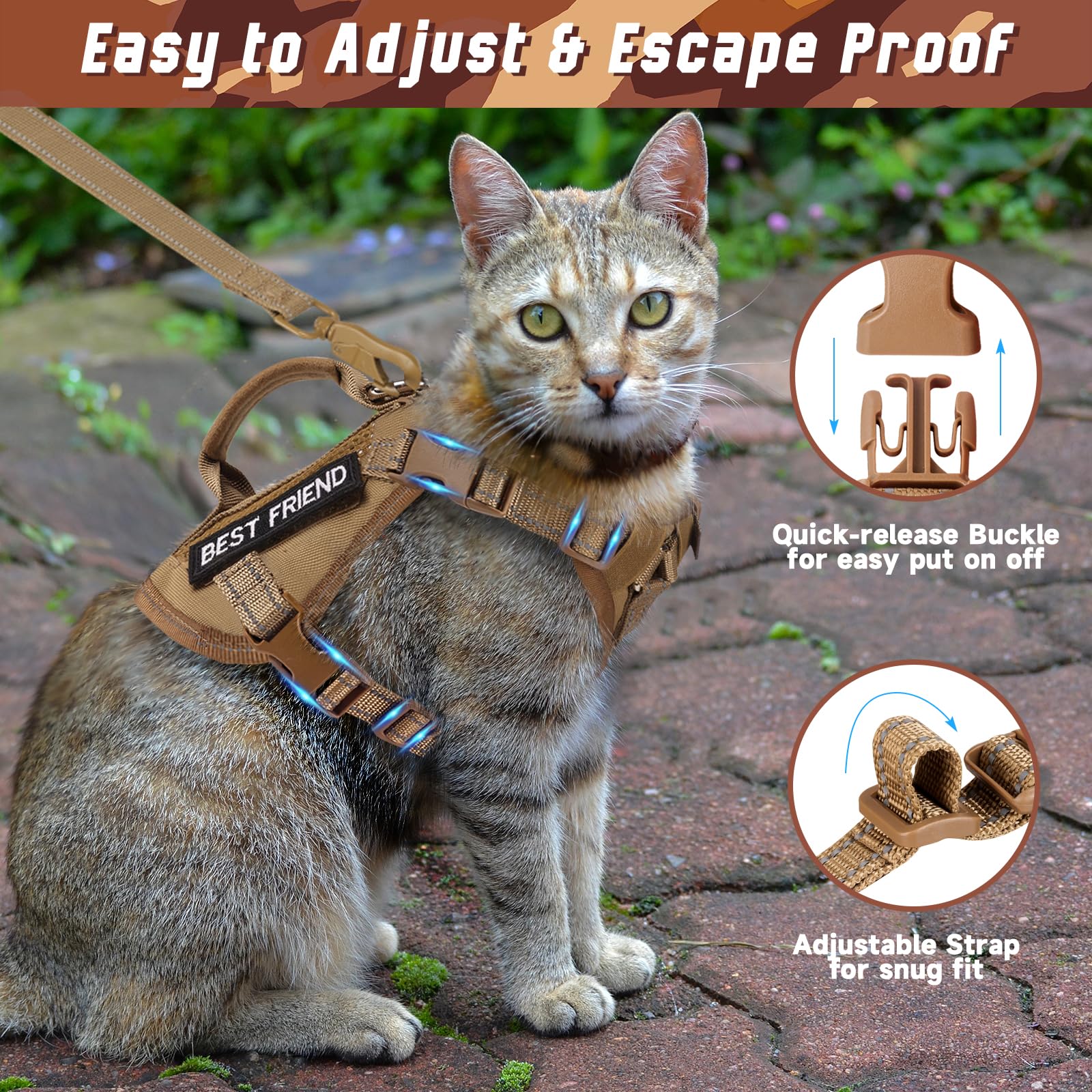 Salfse Large Tactical Cat Harness Leash, Air Mesh Adult Cat Walking Vest Harness Escape Proof With Handle, Reflective (Akhaki, L