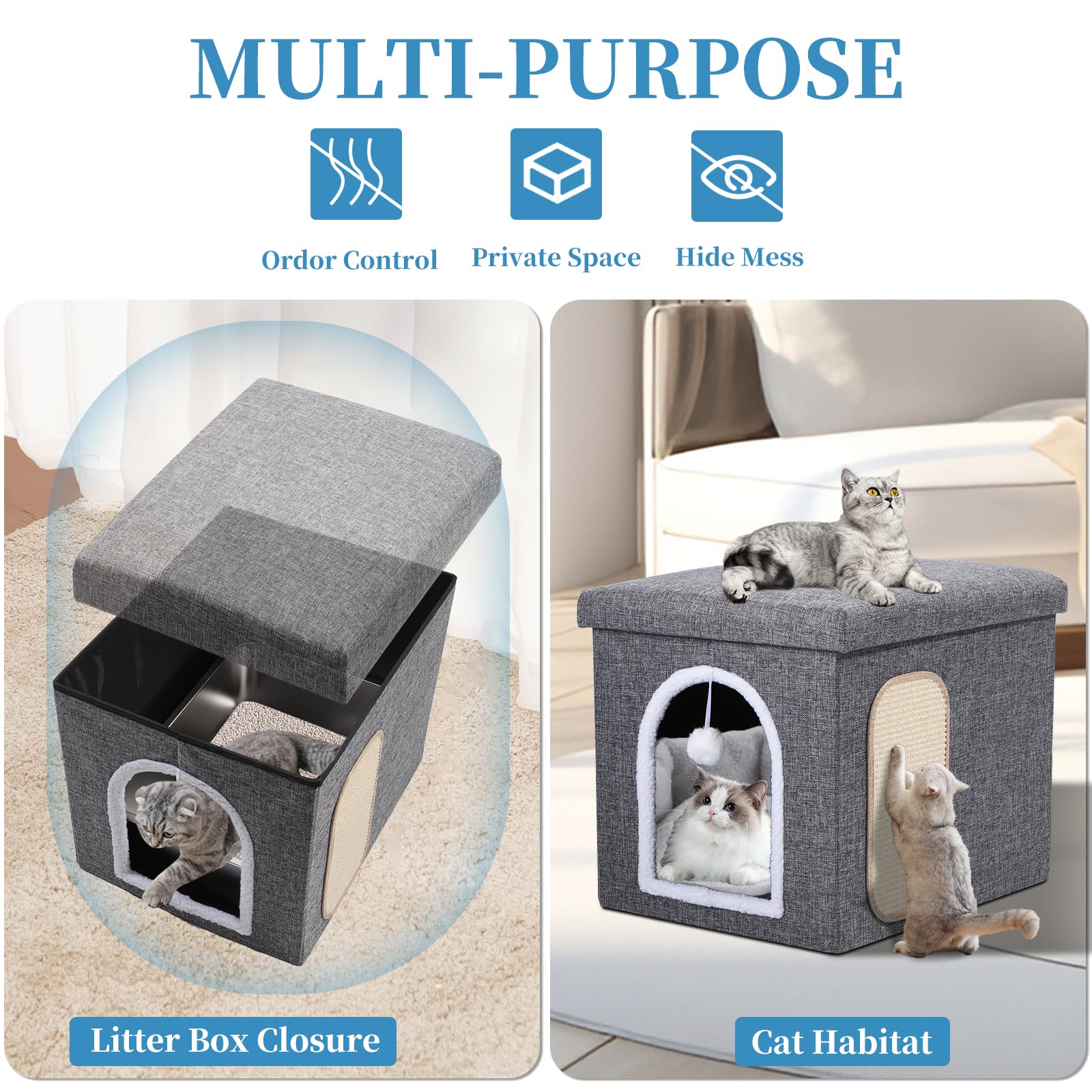 Cat Litter Box Enclosure Furniture, Foldable Hidden Litter Box With Mesh Storage Bag, Litter Box Furniture With Waterproof Insid