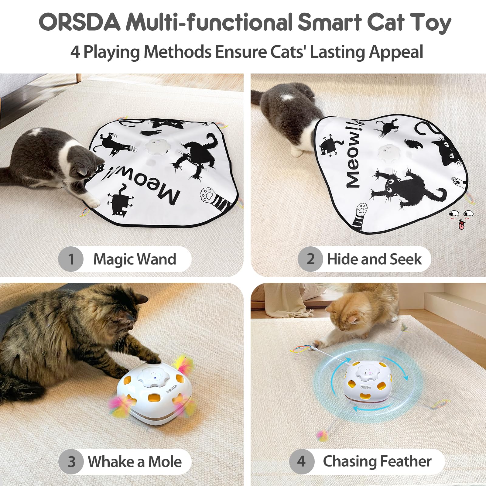 Orsda Interactive Cat Toys For Indoor Cats, 4 In 1 Automatic Kitten Toys, Rechargeable Electric Moving Ambush Feather, Hide And