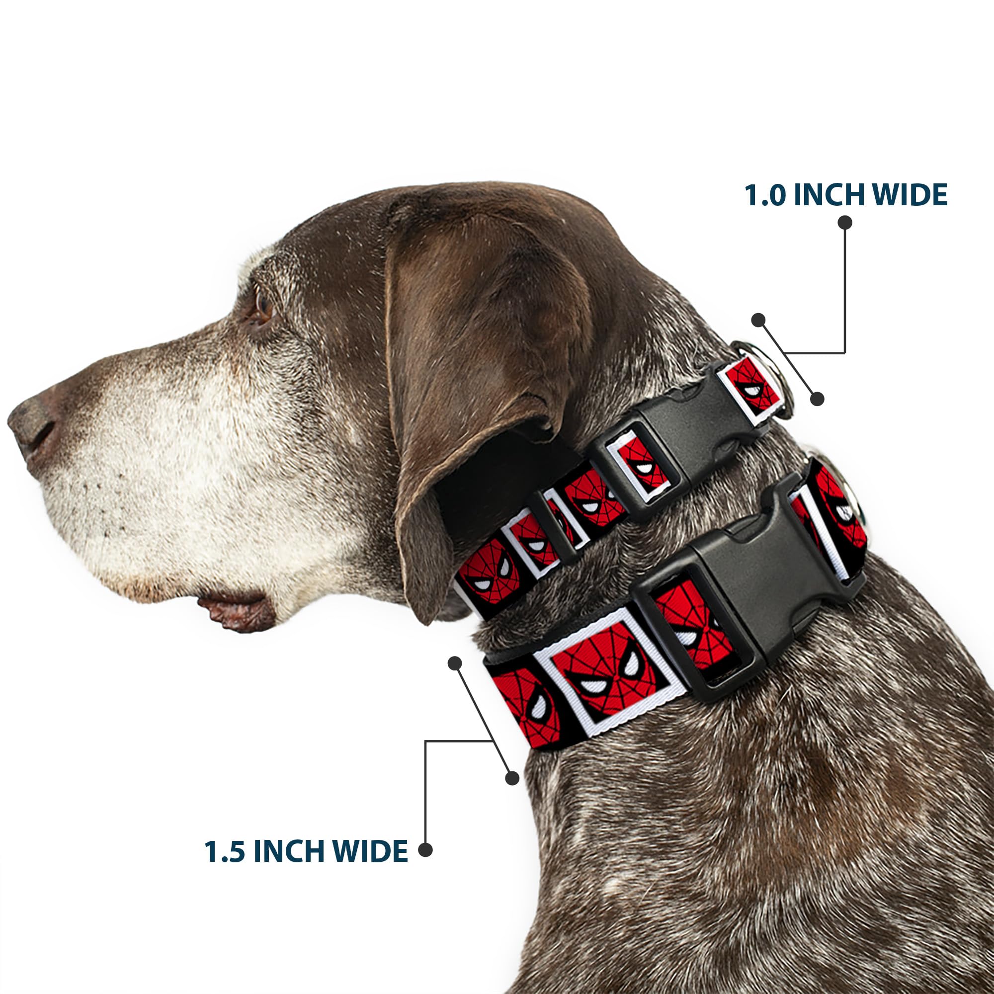 Buckle-Down Dog Collar Plastic Clip Spider Man Face Black White Blocks, Multicolor, 1/2'' Wide - Fits 8-12'' Neck - Medium (Pc-W