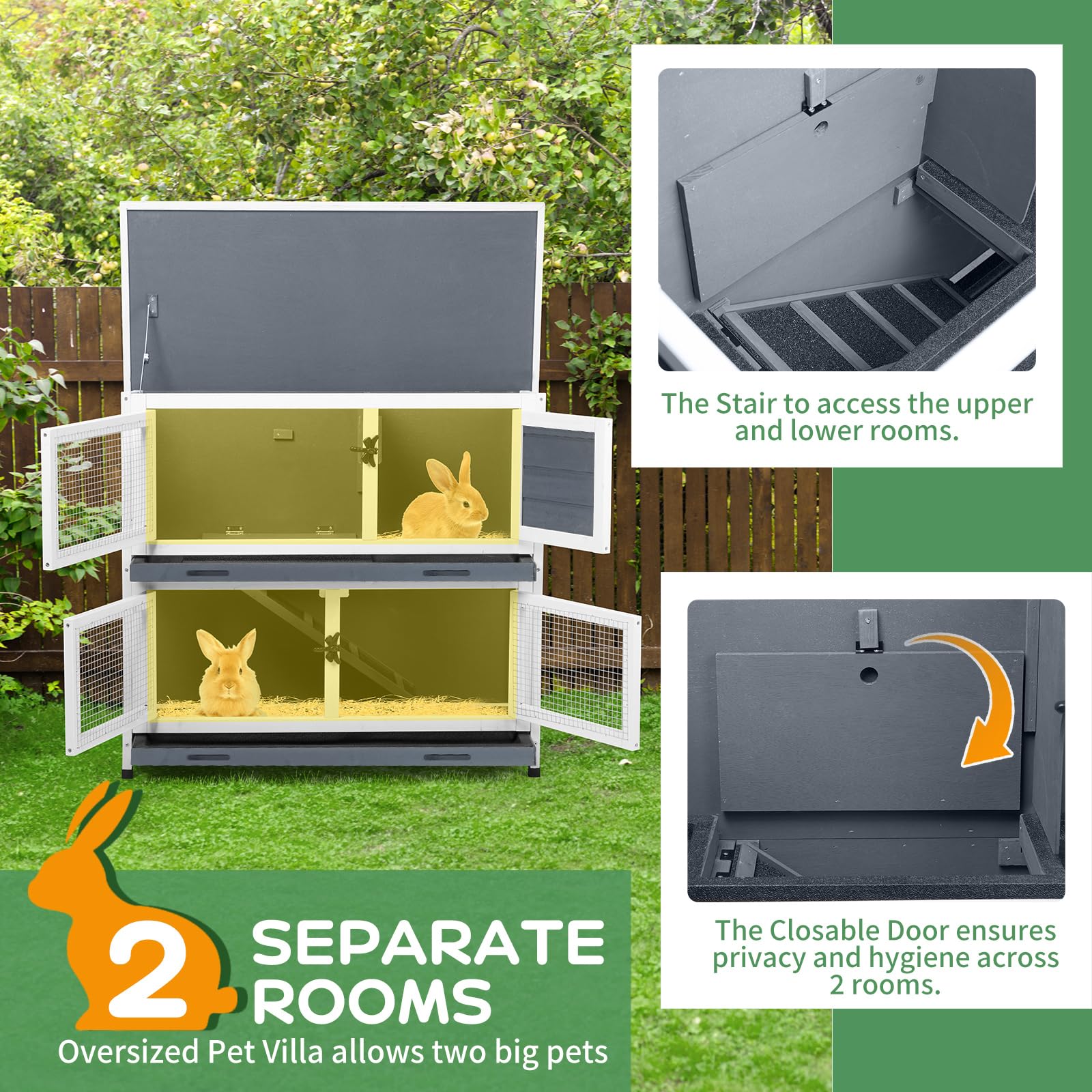 2 Story Rabbit Hutch, Indoor Outdoor Bunny Hutch Solid Wood Rabbit Cage With Removable Trays, Waterproof Asphalt Roofs And Venti