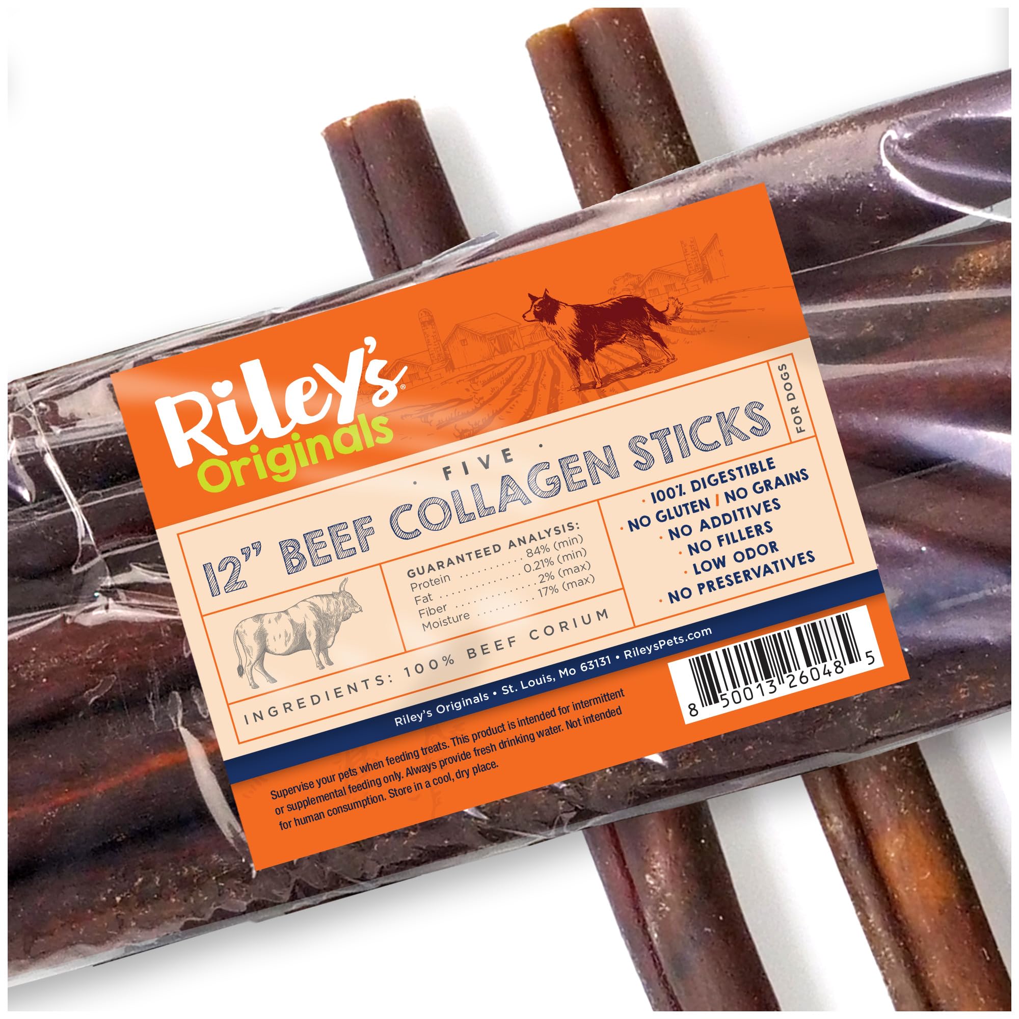 Rileys 12 Inch Beef Collagen Sticks for Dogs, Collagen Chews for Dogs, Bully Stick & Rawhide Alternative, Long Lasting, No Raw 