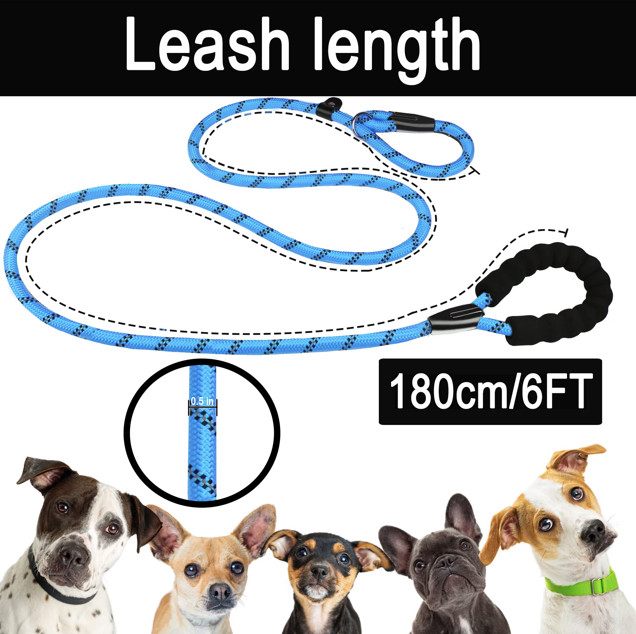 Dog Leash, 6 Ft Slip Lead Dog Leashes, Durable Premium Quality Strong Training Rope Slip Leash With Comfortable Padded Handle An