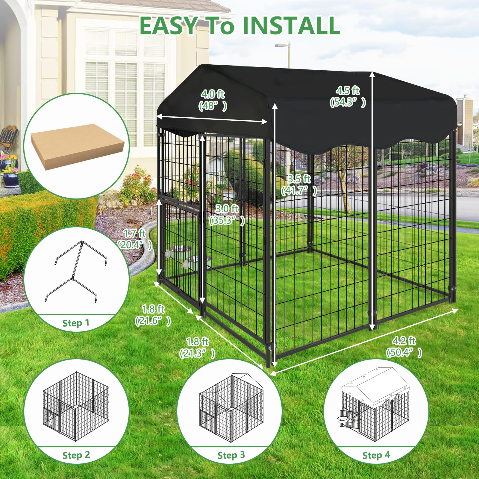 1R2P3I Dog Kennel Outdoor With Waterproof Roof, 4'L X 4'W X 4.5'H Large Outdoor Kennel With Rotating Feeding Door, Bowls, Dog Ca