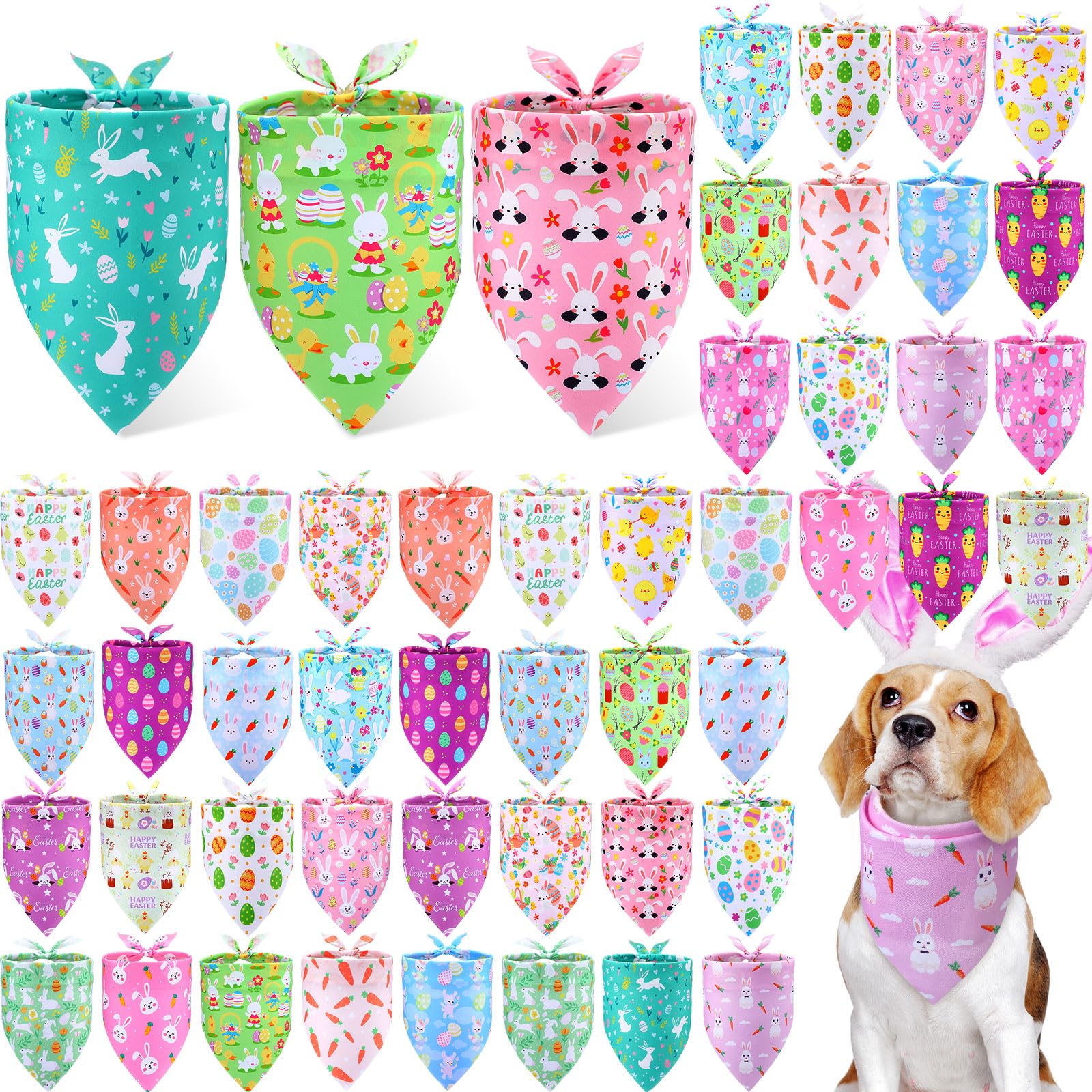 Preboun 50 Pcs Easter Dog Bandanas Bulk Bunny Dog Bandanas For Dogs Eggs Bibs Dog Scarf Easter Day Dog Bandanas For Easter Puppy