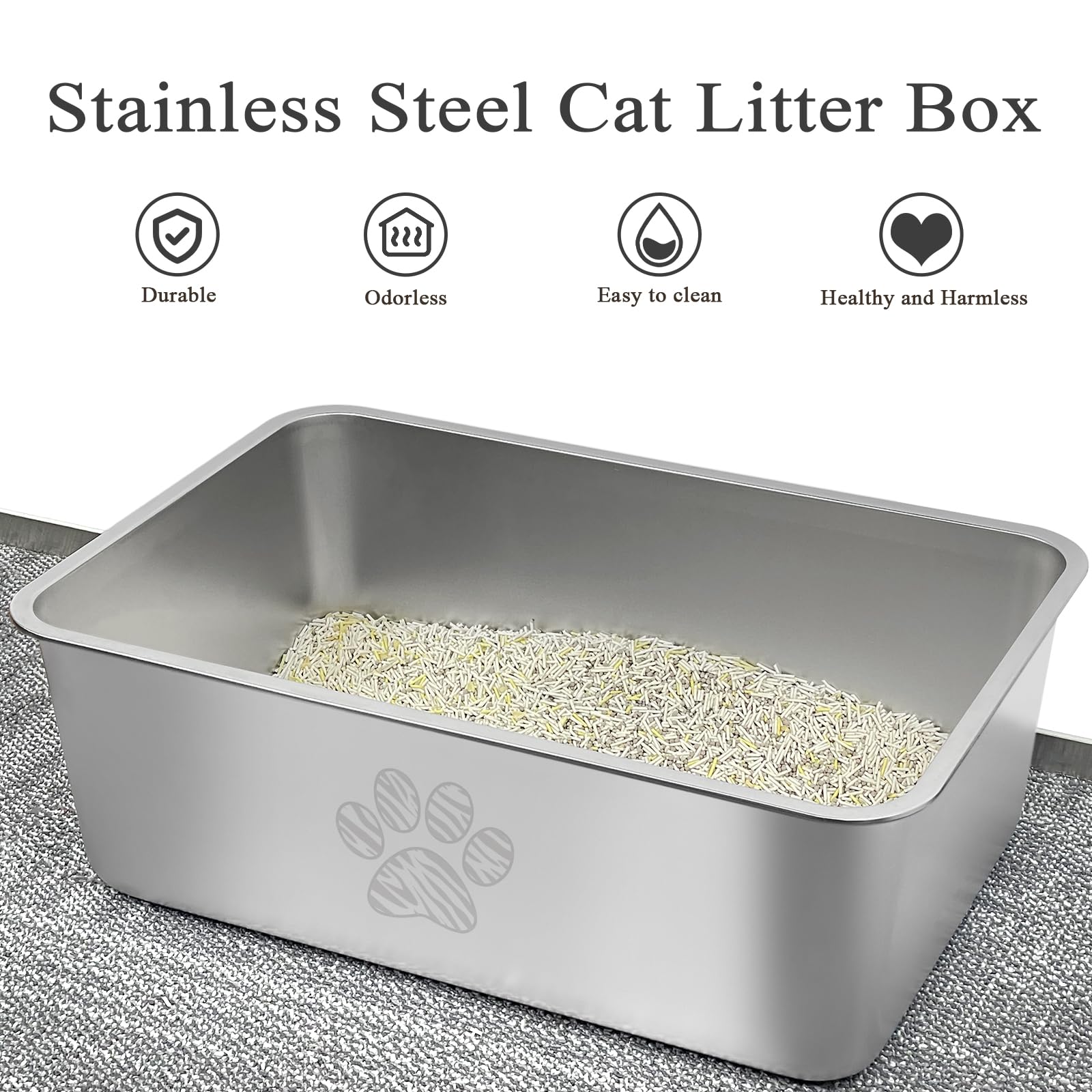 Pwtaa Stainless Steel Cat Litter Box High Side Cats Toilet Metal Kitten Litter Pan, Pet Cleaning Tool For Cats, Rabbits, Splash-