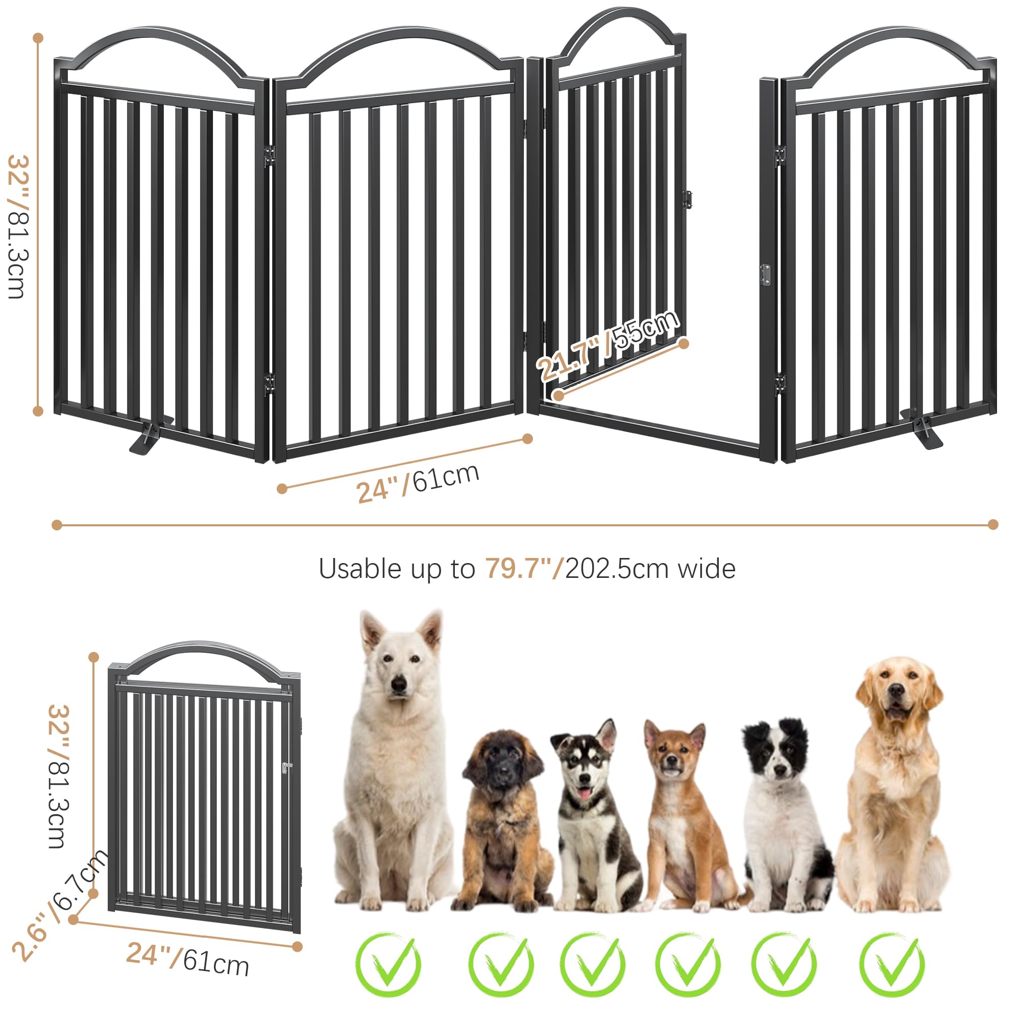 Bhg Metal No-Assembly Freestanding Dog Gate With Door Walk Through, Extra Wide 96'', Extra Tall 32'' Pet Gate, Accordion Puppy F