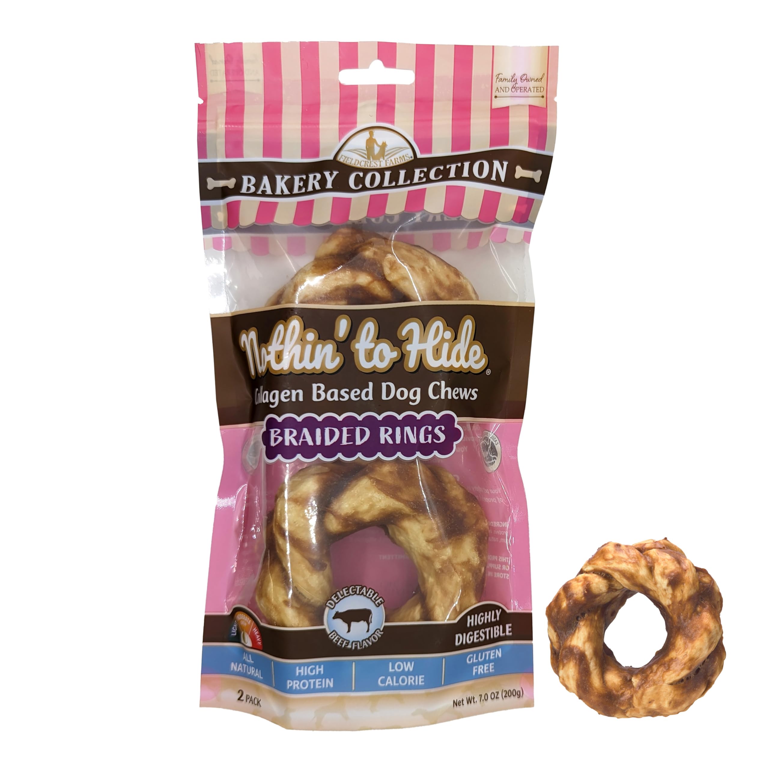Nothin to Hide Collagen-Based Dog Chews Medium Braided Rings, Beef Flavor, Easily Digestible, Supports Skin, Coat, Joints & Mus