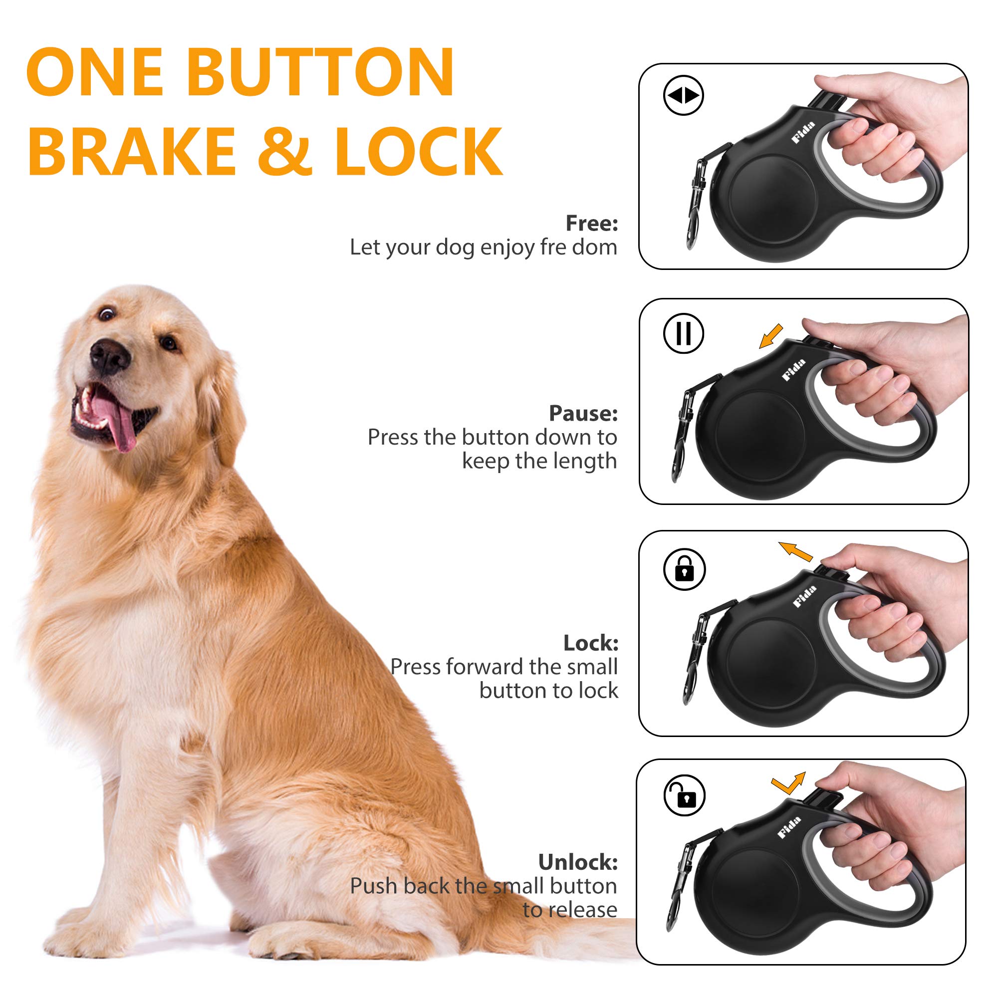 Fida Retractable Dog Leash With Dispenser And Poop Bags, 16 Ft Pet Walking Leash For Medium Dog Or Cat Up To 44 Lbs, Anti-Slip H