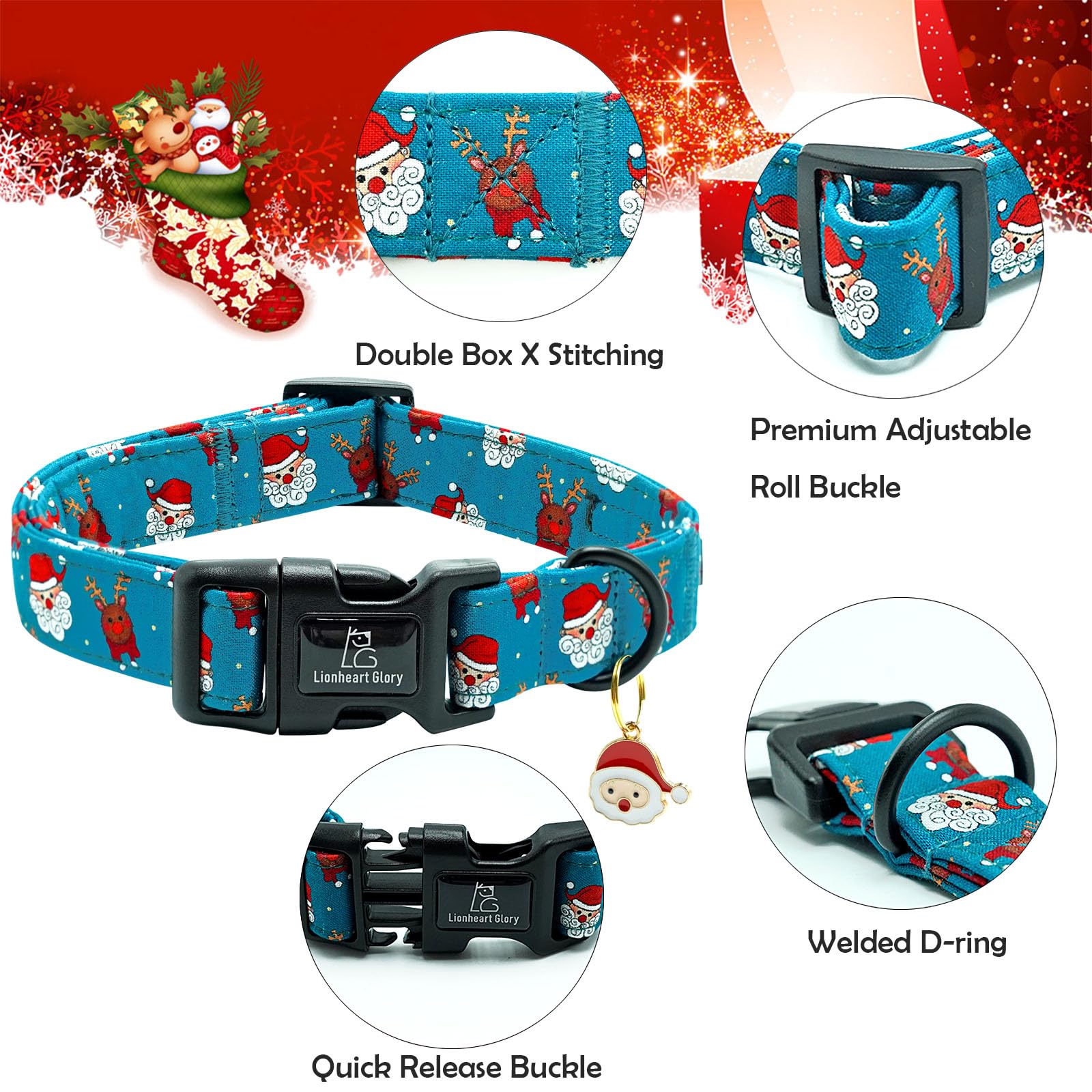 Lionheart Glory Christmas Dog Collar, Blue Christmas Santa Deer Dogs Collar Adjustable Soft Comfortable Collars For Large Dogs G