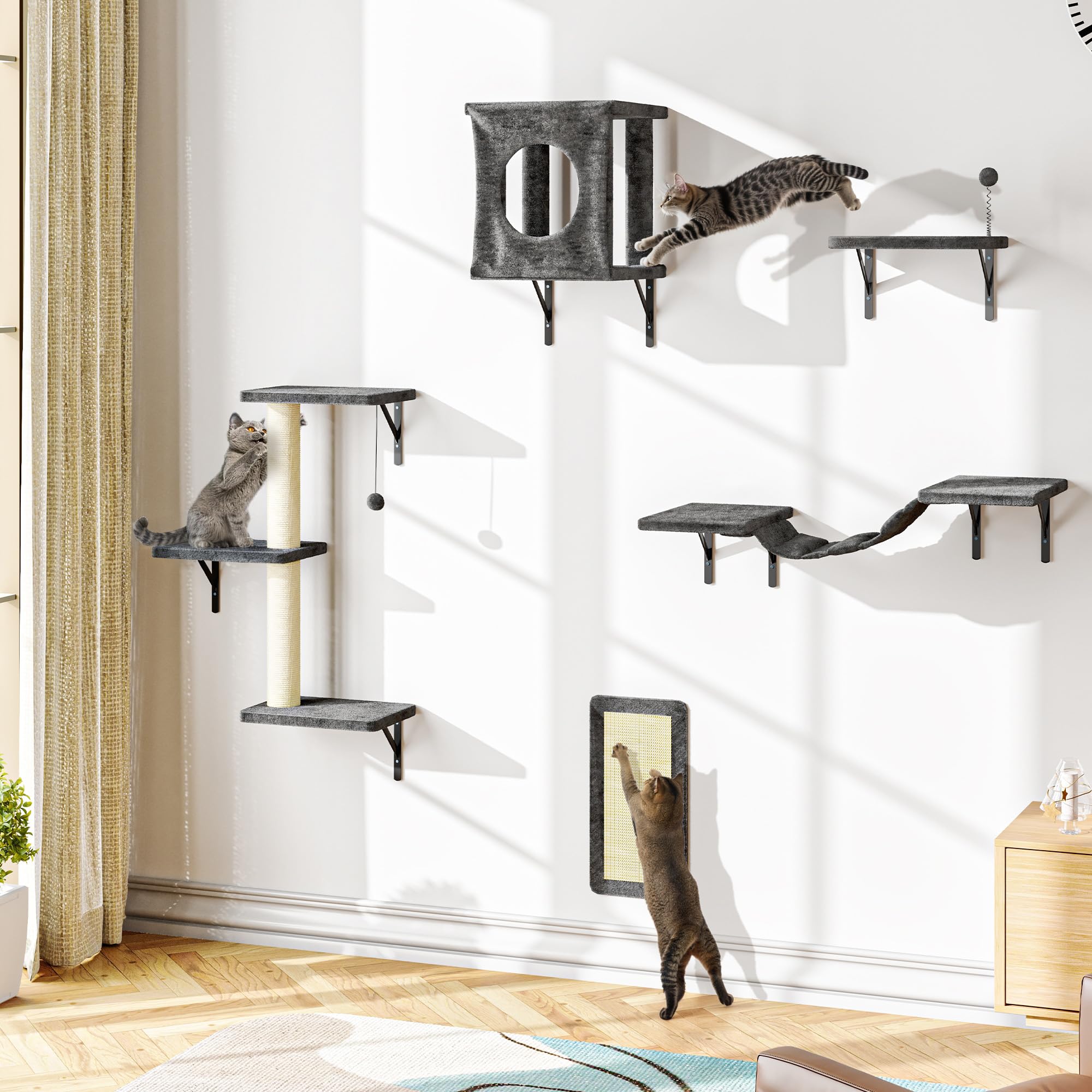 Nunu Lab Cat Wall Shelves, 5Pc Wall Mounted Cat Climber, Floating Perch, Bridge,Tree, House, Modern Indoor Cat Furniture For Kit
