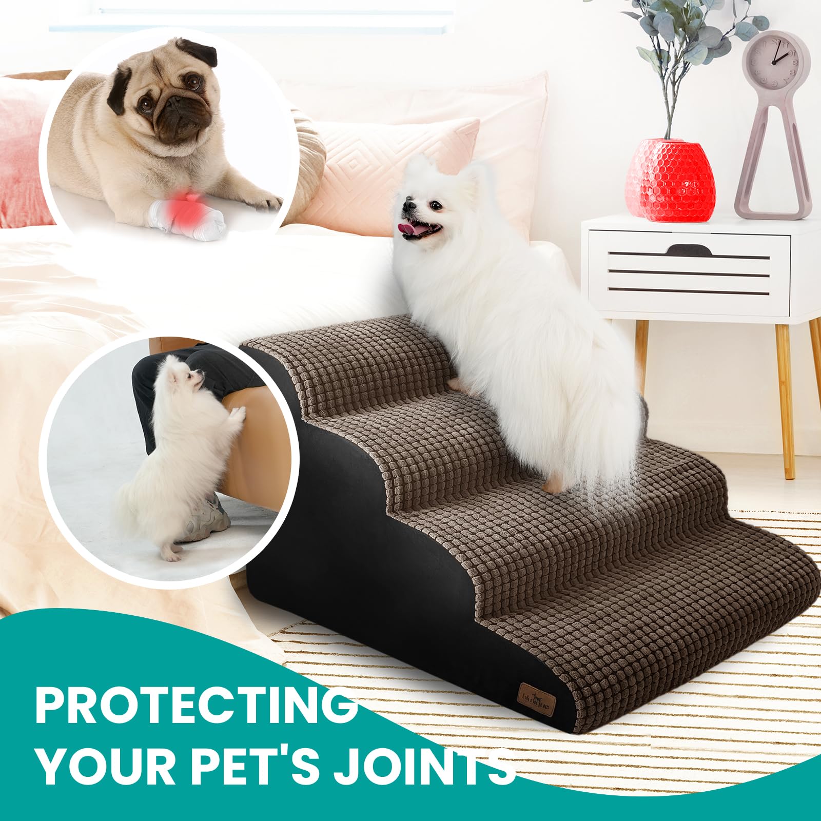 Blunique Dog Stairs for Small Pets, 20.5 in H 4 Step Curved Ramp for High Bed and Couch, Foam With Durable Non-Slip Waterproof F