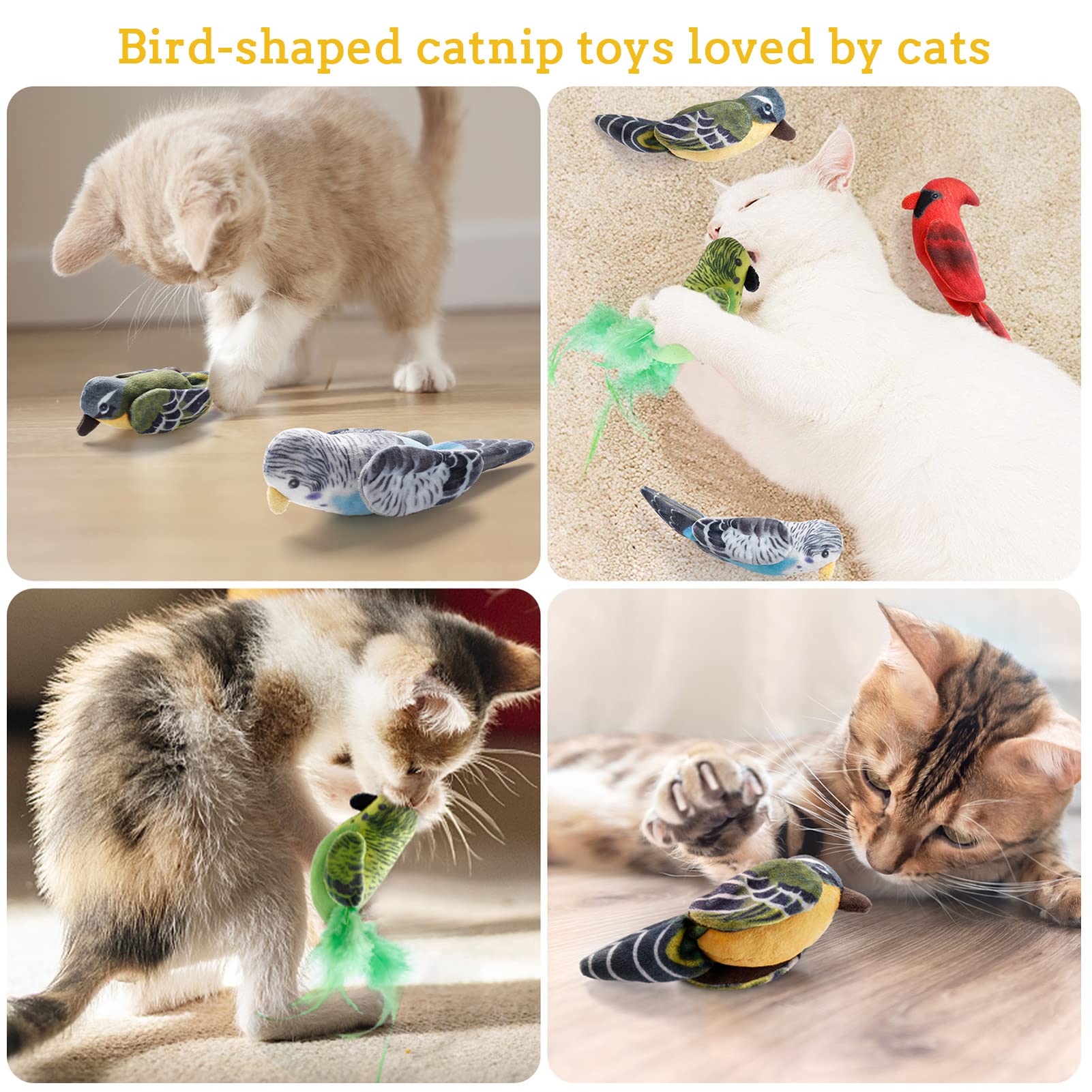 Dorakitten Cat Catnip Toys Interactive Cats 4pcs Kitten Plush Nip Chew Bird Toy with Crinkle Paper Pet Best Treats Stuffed Pillo