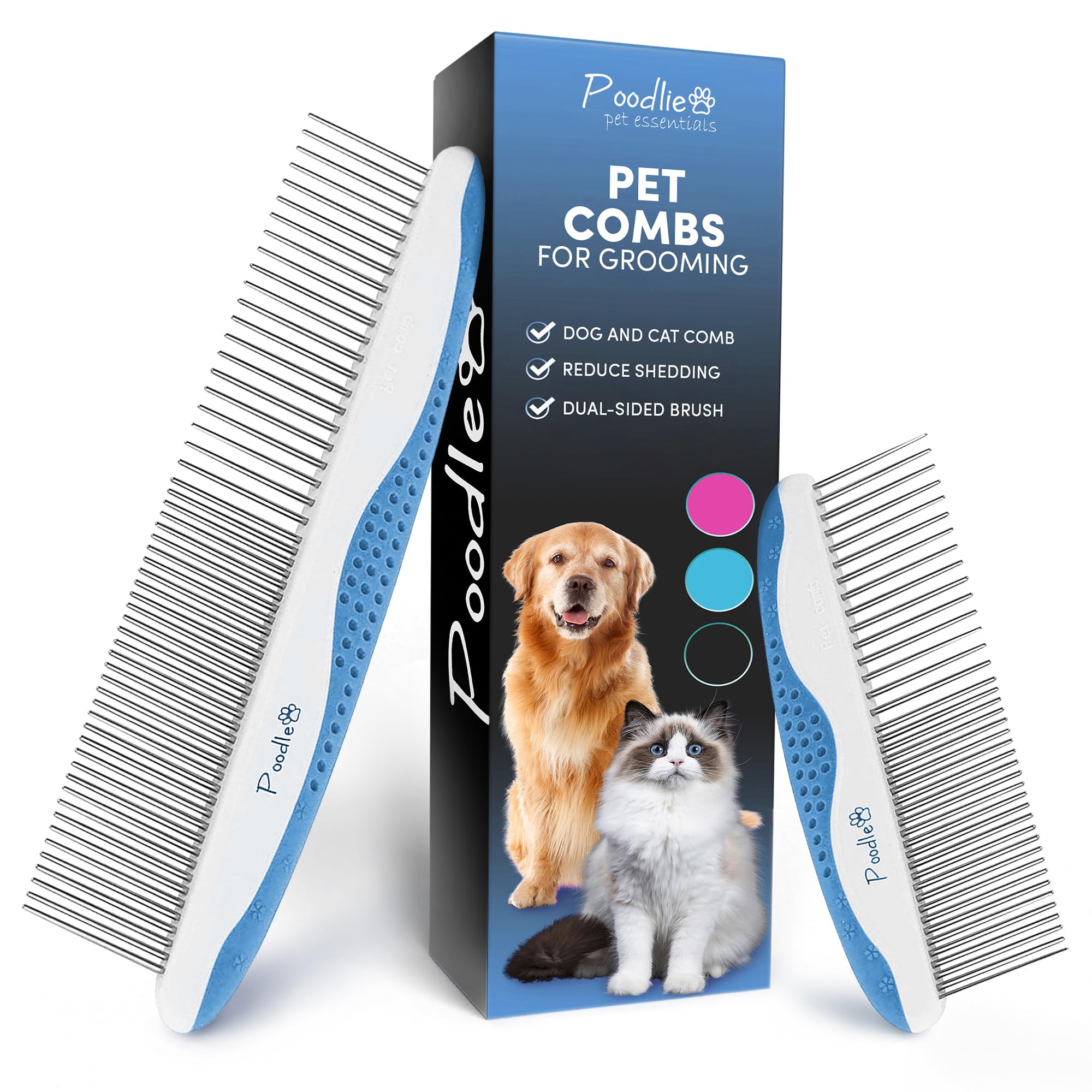 Poodle Pet Dog Combs for Grooming | 2 Pack | Stainless Steel Teeth Easily Remove Dirt | Proper Care Prevents Knots and Mats for 