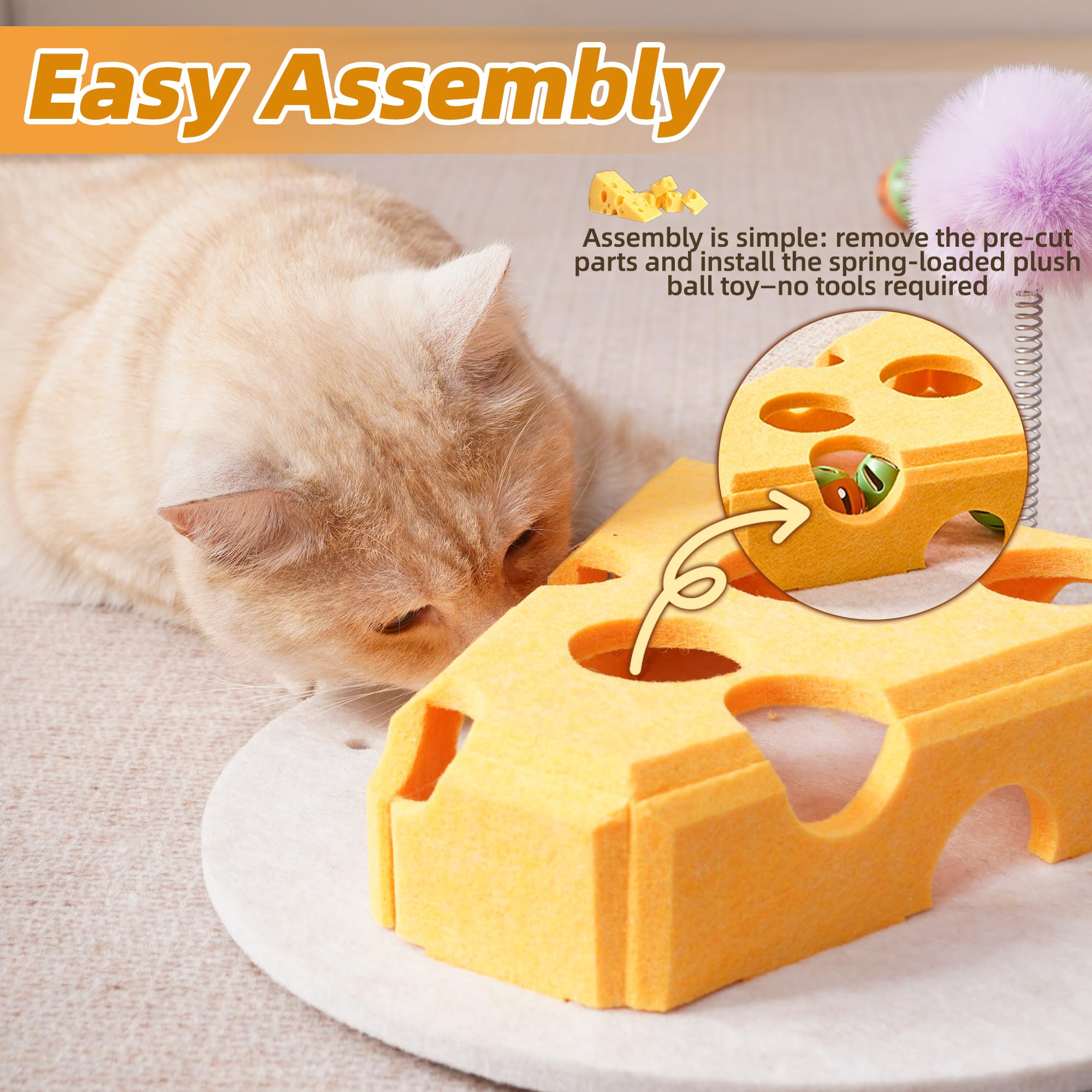 BZDBZD Interactive Cat Puzzle Feeder - Felt Cheese Cat Scratch Box-Nail File Maze, Jingle Balls & Spring Teaser | Slow Feeding &