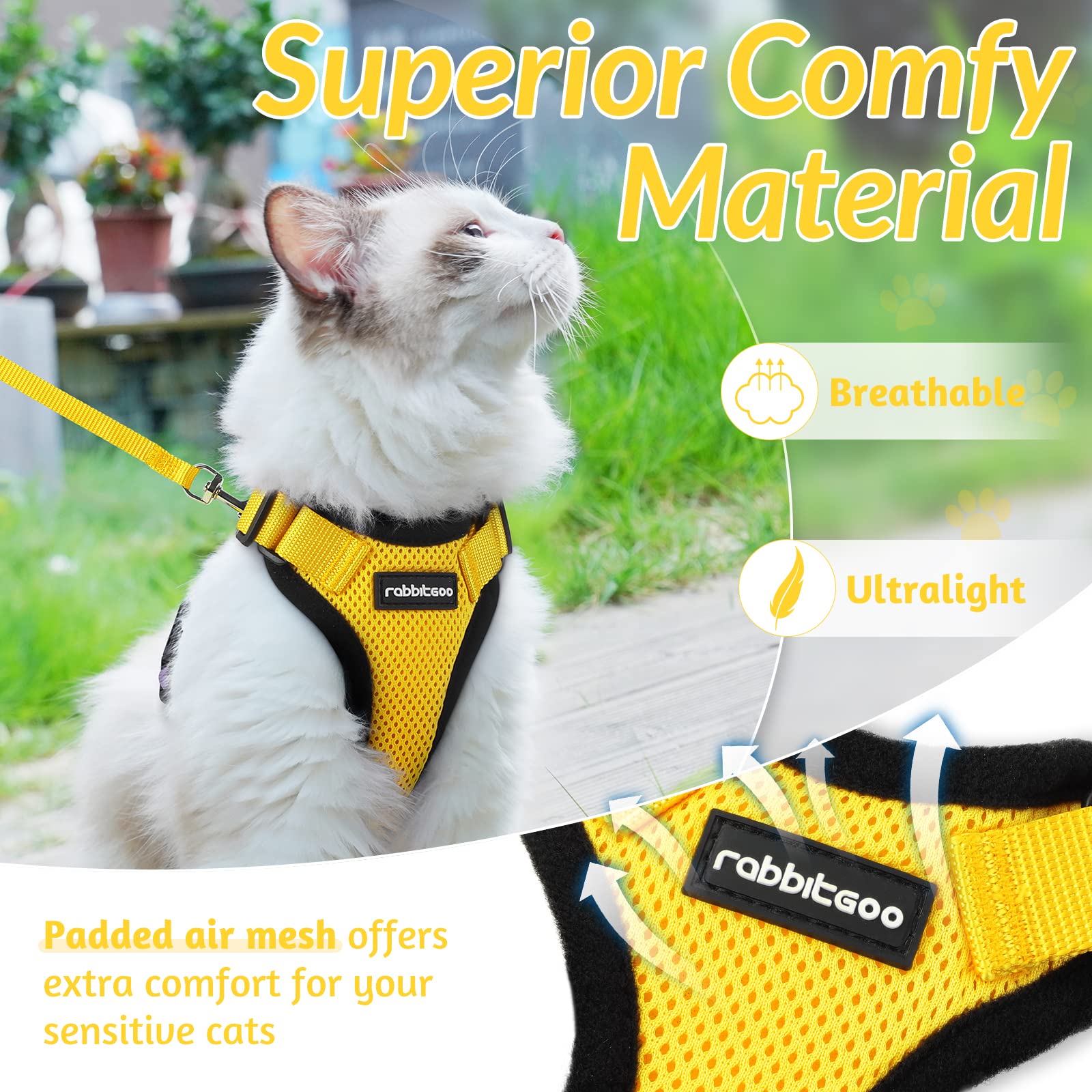 Rabbitgoo Cat Harness And Leash For Walking, Escape Proof Soft Adjustable Vest Harnesses For Cats, Easy Control Breathable Reflective Strips Jacket, Yellow, Xs