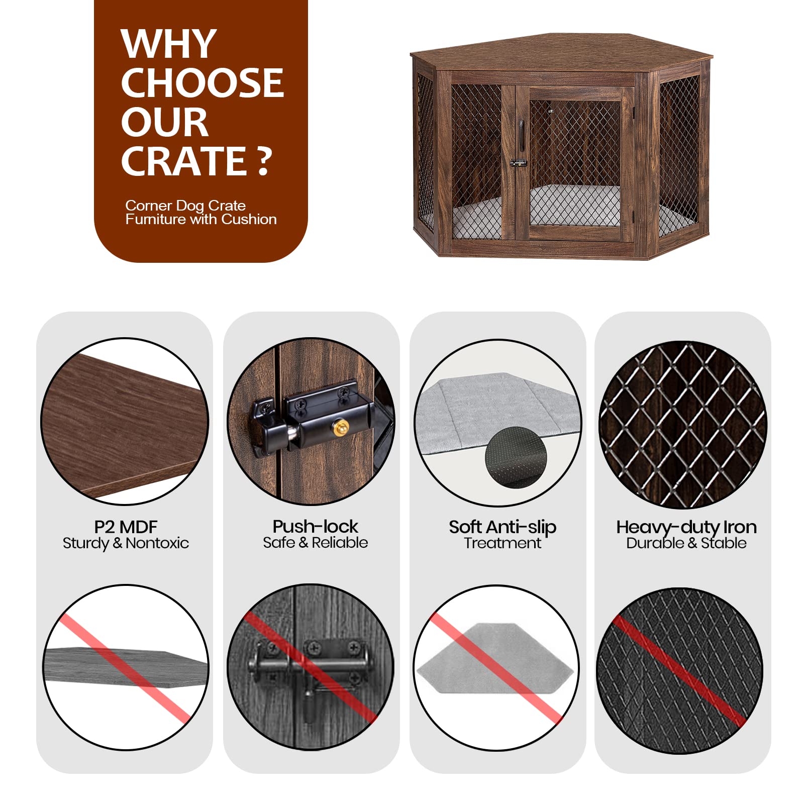 Polar Aurora Corner Dog Crate, Wood Dog Kennel Furniture 44 Dog Cage End Table with Cushion for Indoor use,Wood Pet House Dog