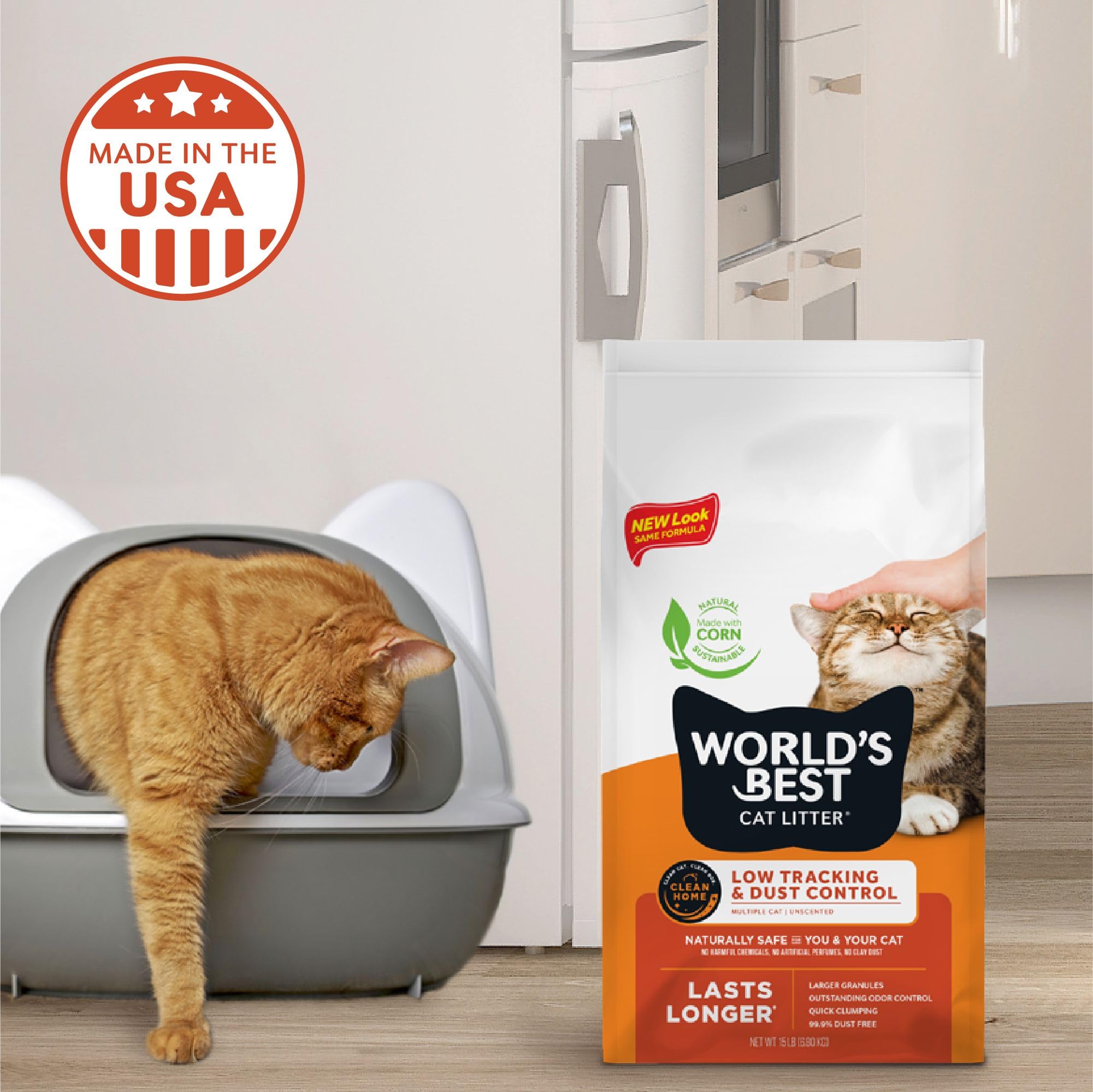 World'S Best Cat Litter Low Tracking & Dust Control Multiple Cat Unscented 15-Pounds - Natural Ingredients, Quick Clumping, Flus