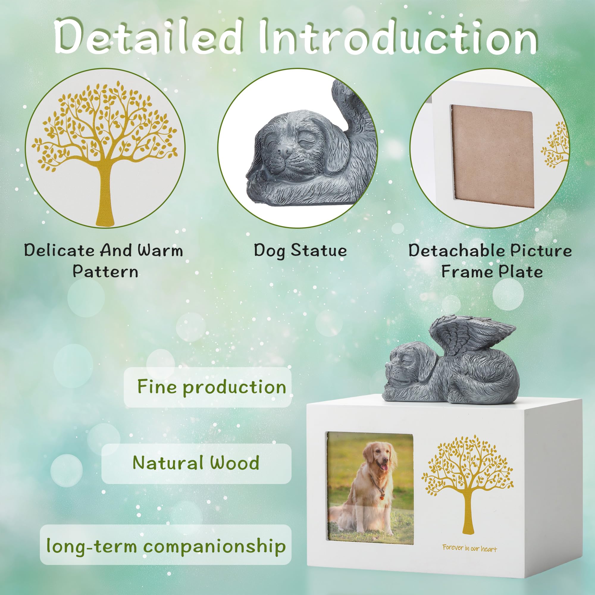 Didibirdi Pet Urn For Dog Ashes, Tree Pattern Wooden White Keepsake With Photo Frame, Memory Box With Resin Animal Statue And Se