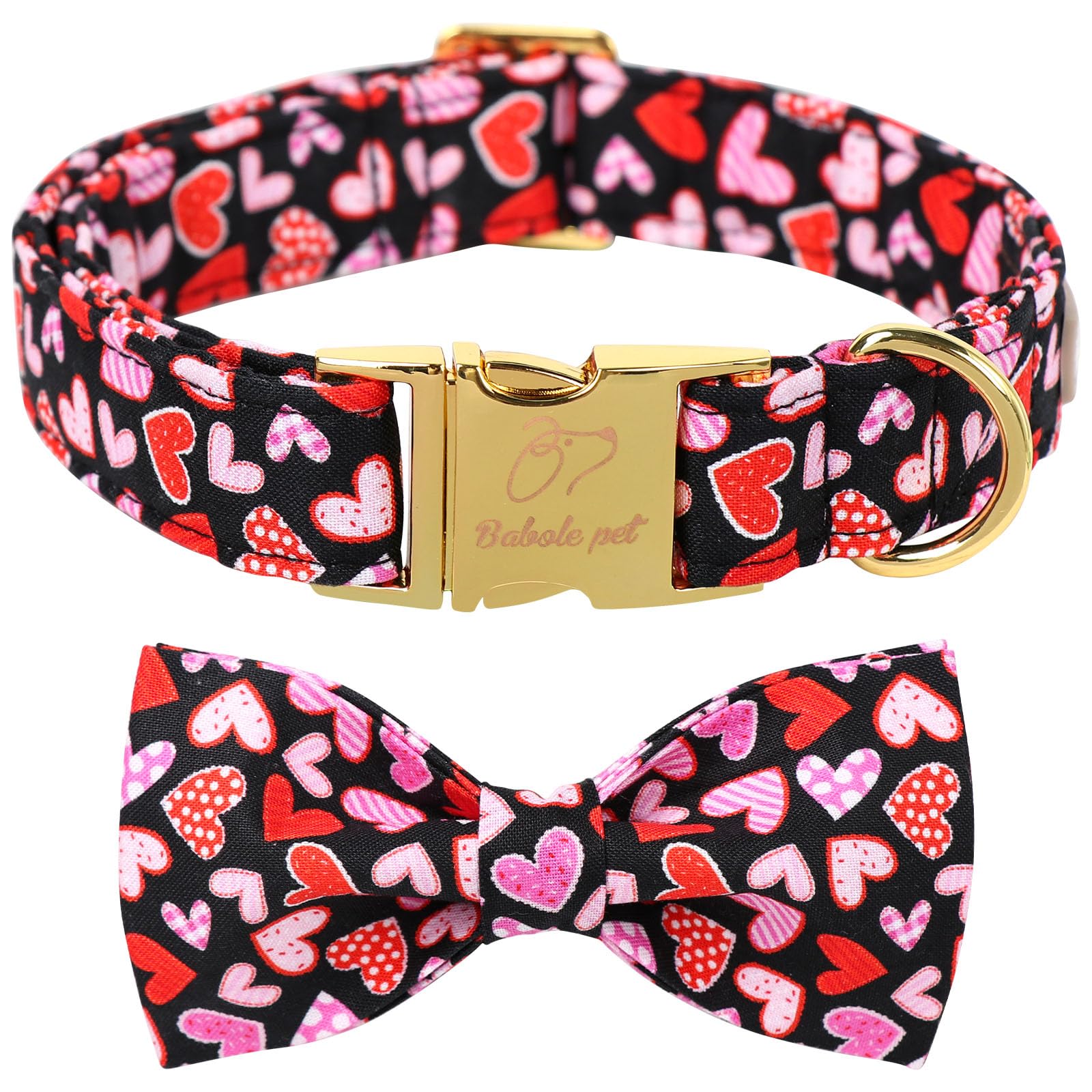 Babole Pet Valentines Dog Collar with Bow Tie,Colorful Love Heart Valentine Dog Collars with Safety Metal Buckle Adjustable Pupp
