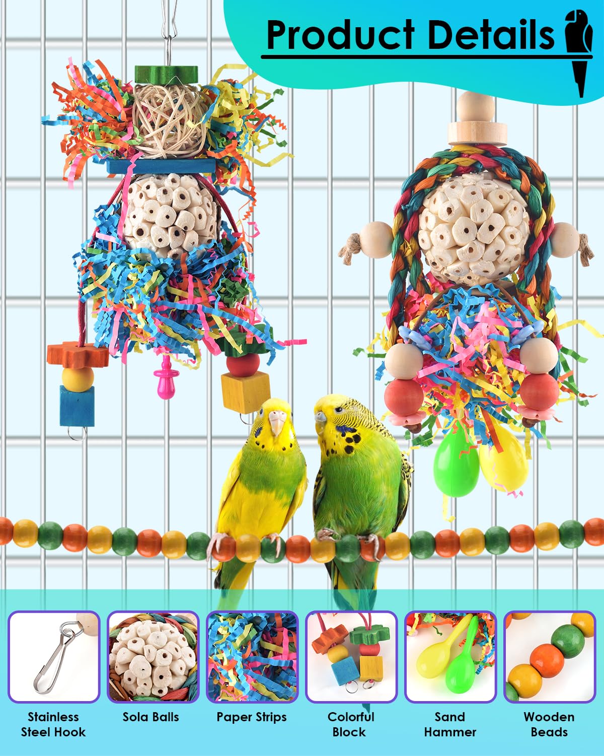 Bissap Conure Toys, 3 Pcs Parrot Foraging Shredder Hanging Toys Sola Balls With Sand Hammer Perch Swing Climbing For Small Parro