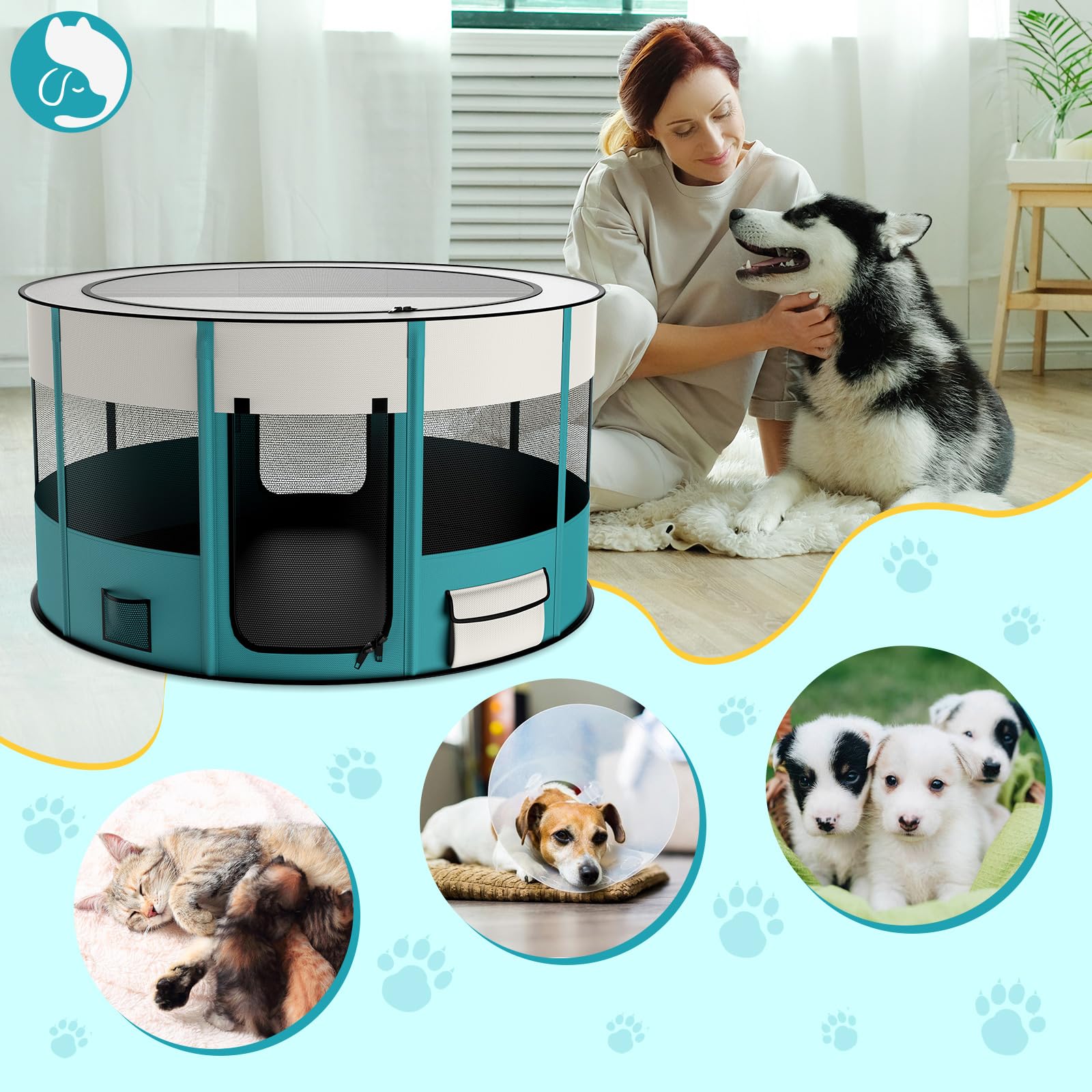 Foldable Playpen For Dogs, 110Cm*110Cm Waterproof Portable Dog Cat Crate Pet Exercise Kennel Tent, Puppy Kitten Cage With Shade