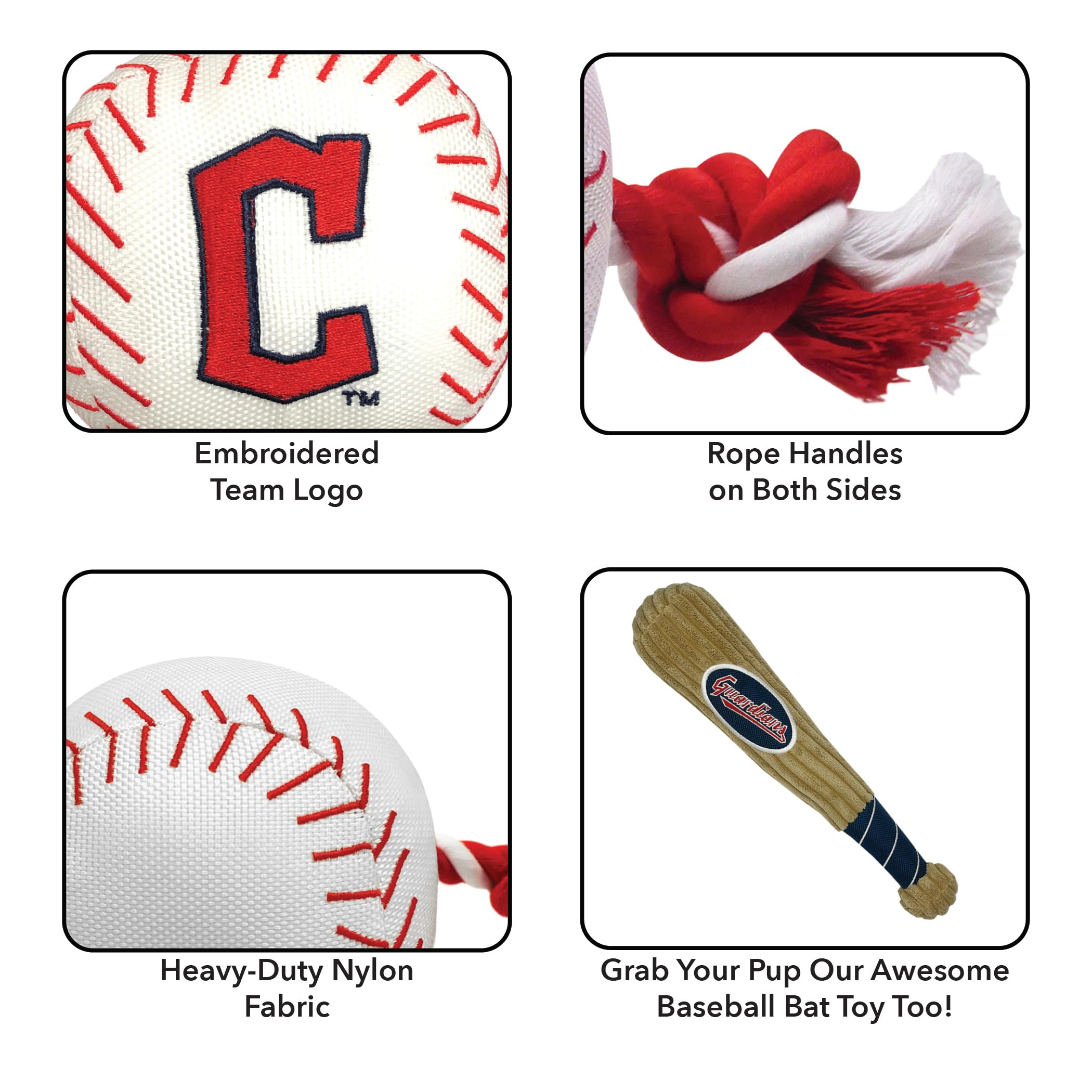 Pets First Mlb Cleveland Guardians Nylon Baseball Toy With Tug Ropes For Dogs & Cats. Tough Nylon, Sporty Baseball Design, Heavy