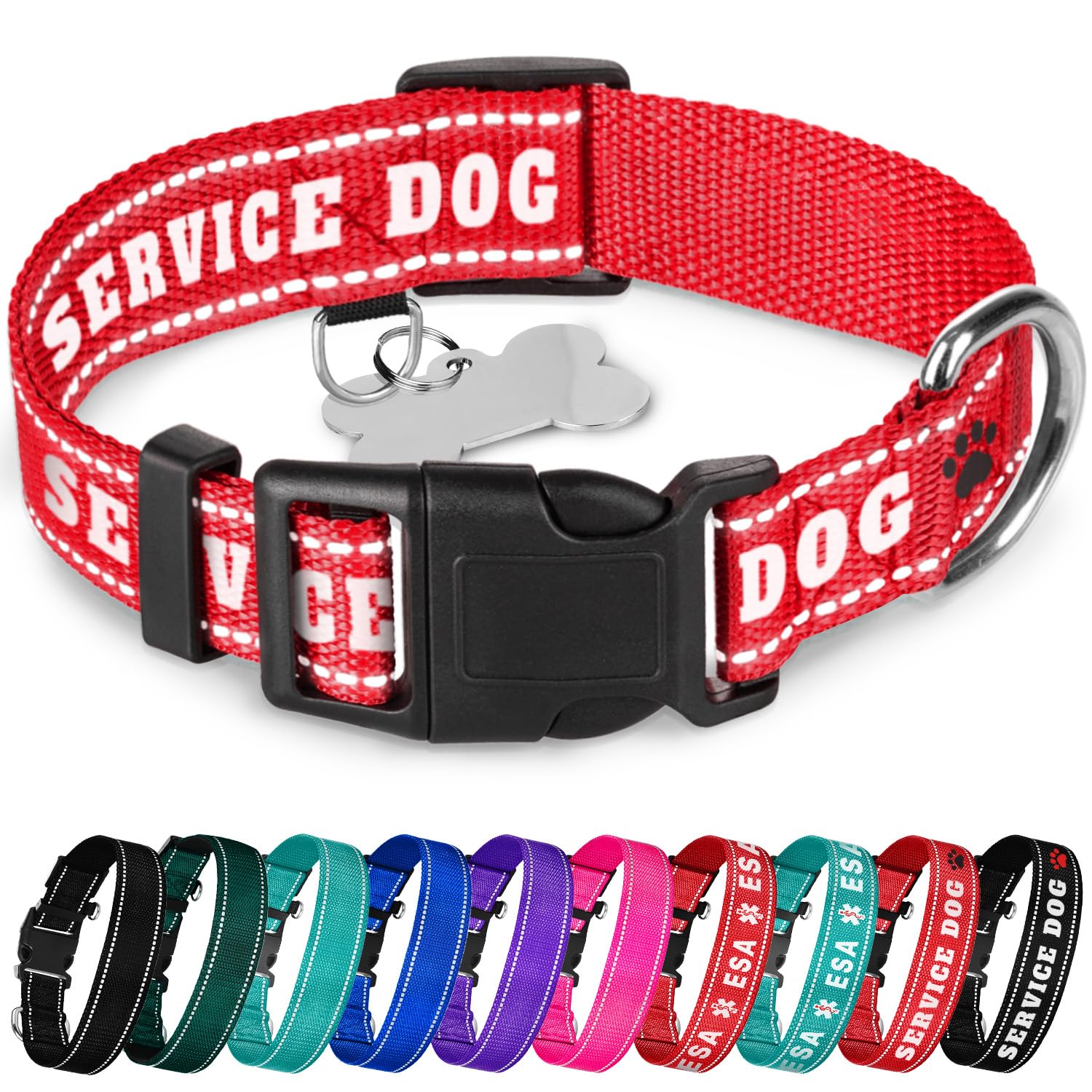 Teceum Reflective Pet Collar - Red - Service Dog - Xs - Basic Nylon Dog Collar - Quick Release Buckle - Fits Small, Medium And L