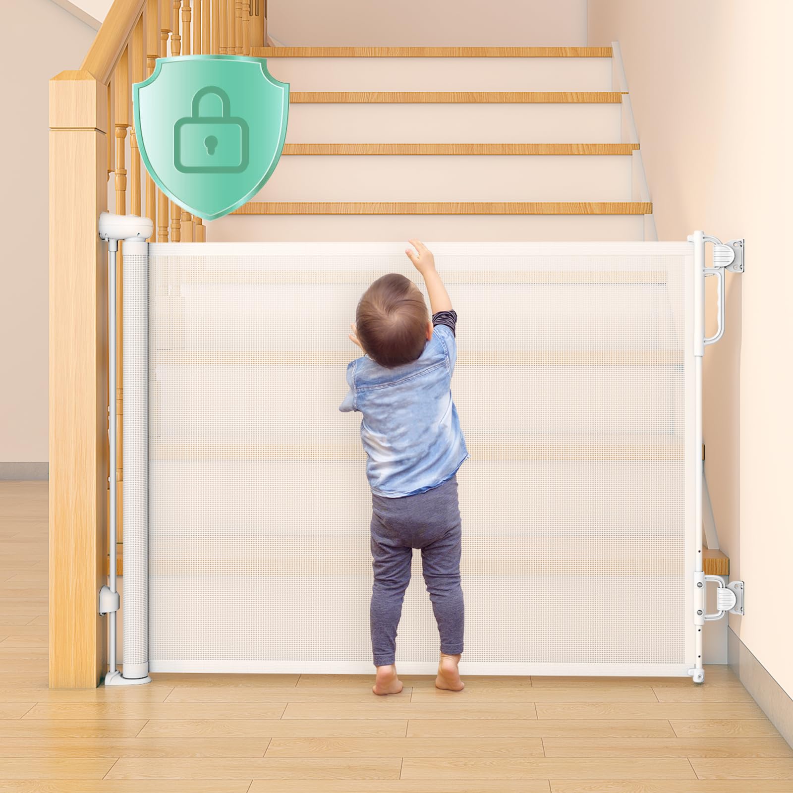 Momcozy Baby Gate, Auto Lock Retractable Baby Gate or Dog Gate, ?Auto Lock?33    Tall, Extends to 55    Wide, Mesh Safety Baby G