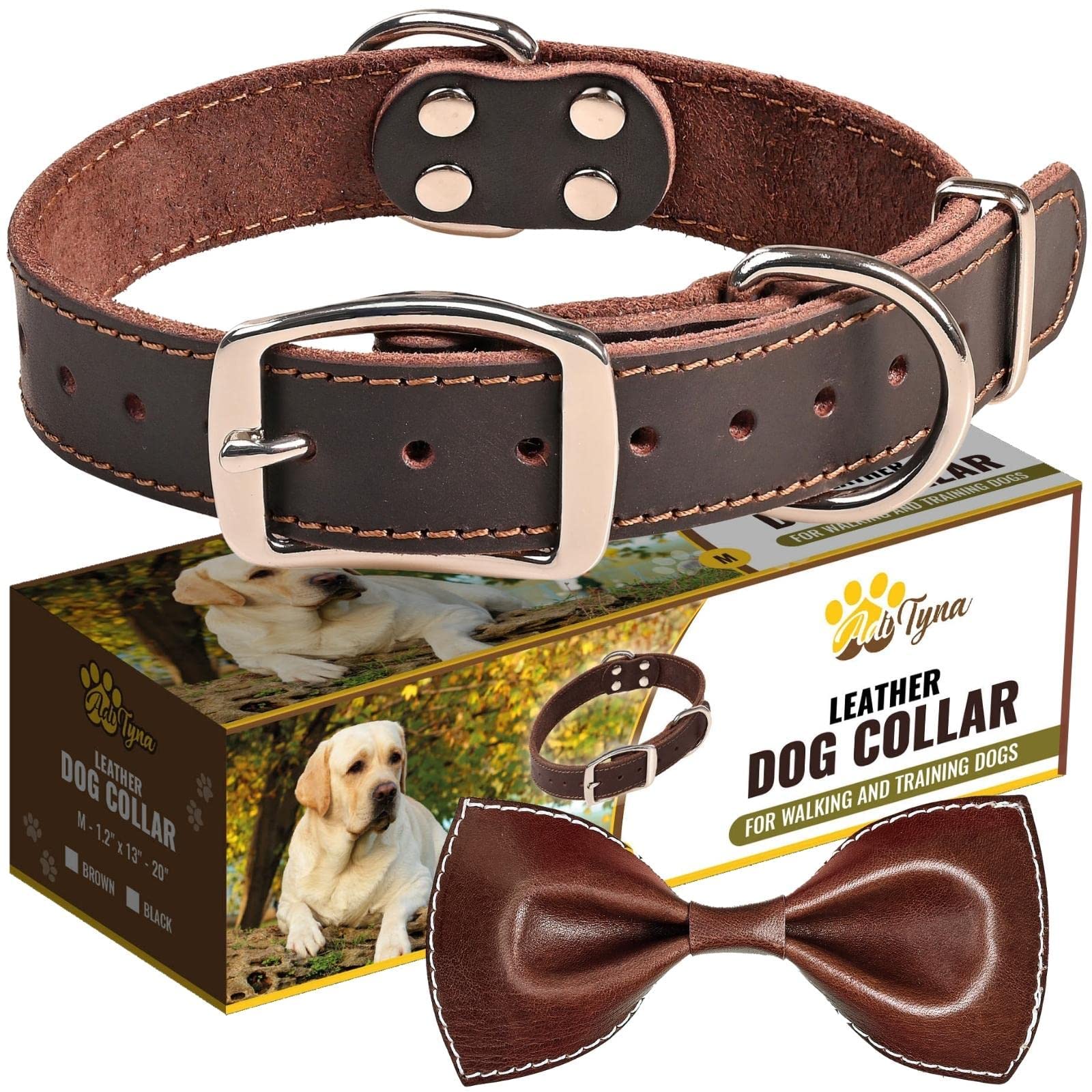 Adityna Heavy Duty Leather Dog Collar For Medium Dogs - Medium Dog Collar Gift Ideea For Dog Lovers - Soft And Strong,100% Genuine Leather (Medium, Brown)