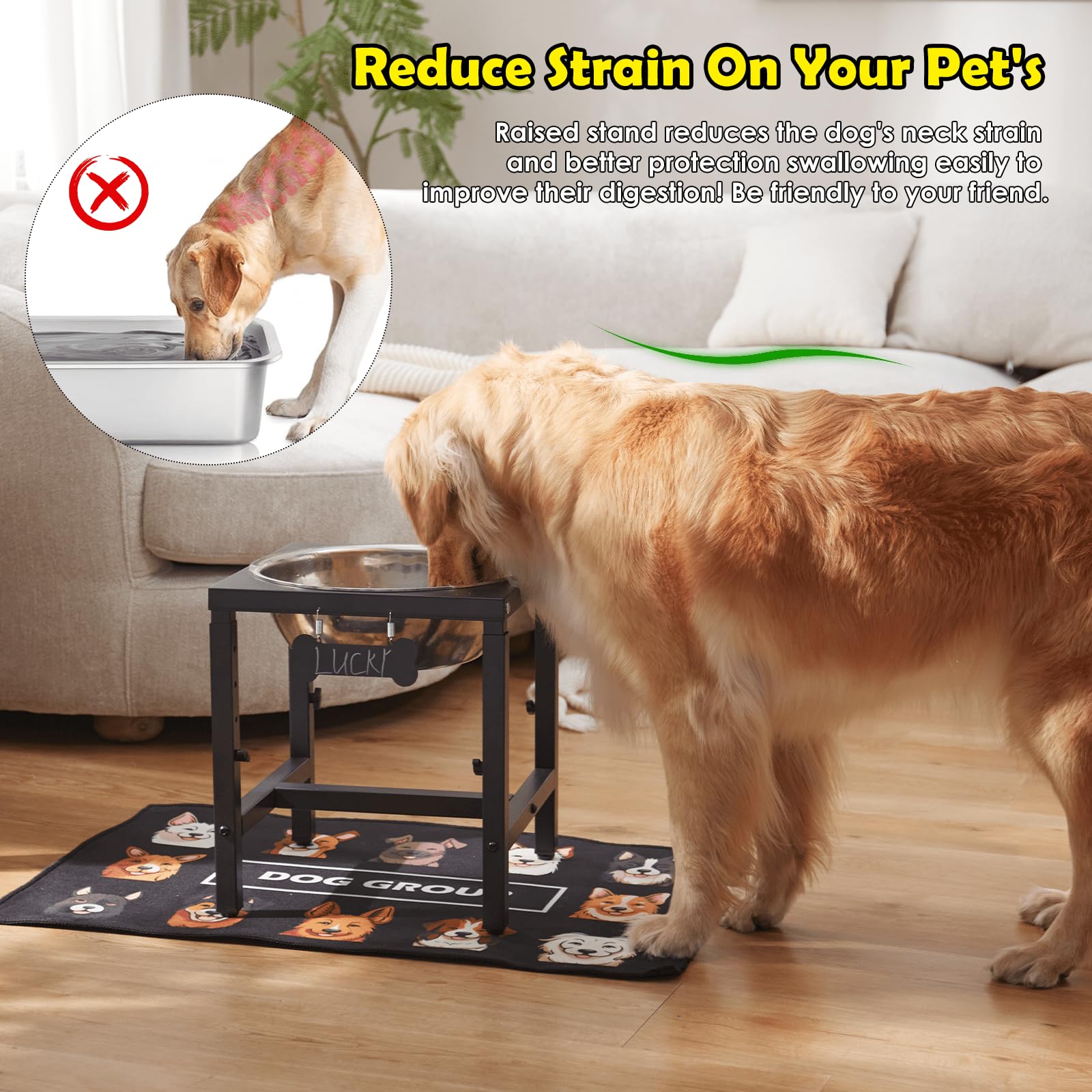 ADENGL 1.6 Gallon Elevated Dog Water Bowl for Large Dogs, 4-Height Adjustable (15-20) Raised Stainless Steel Bowl with Spill-P