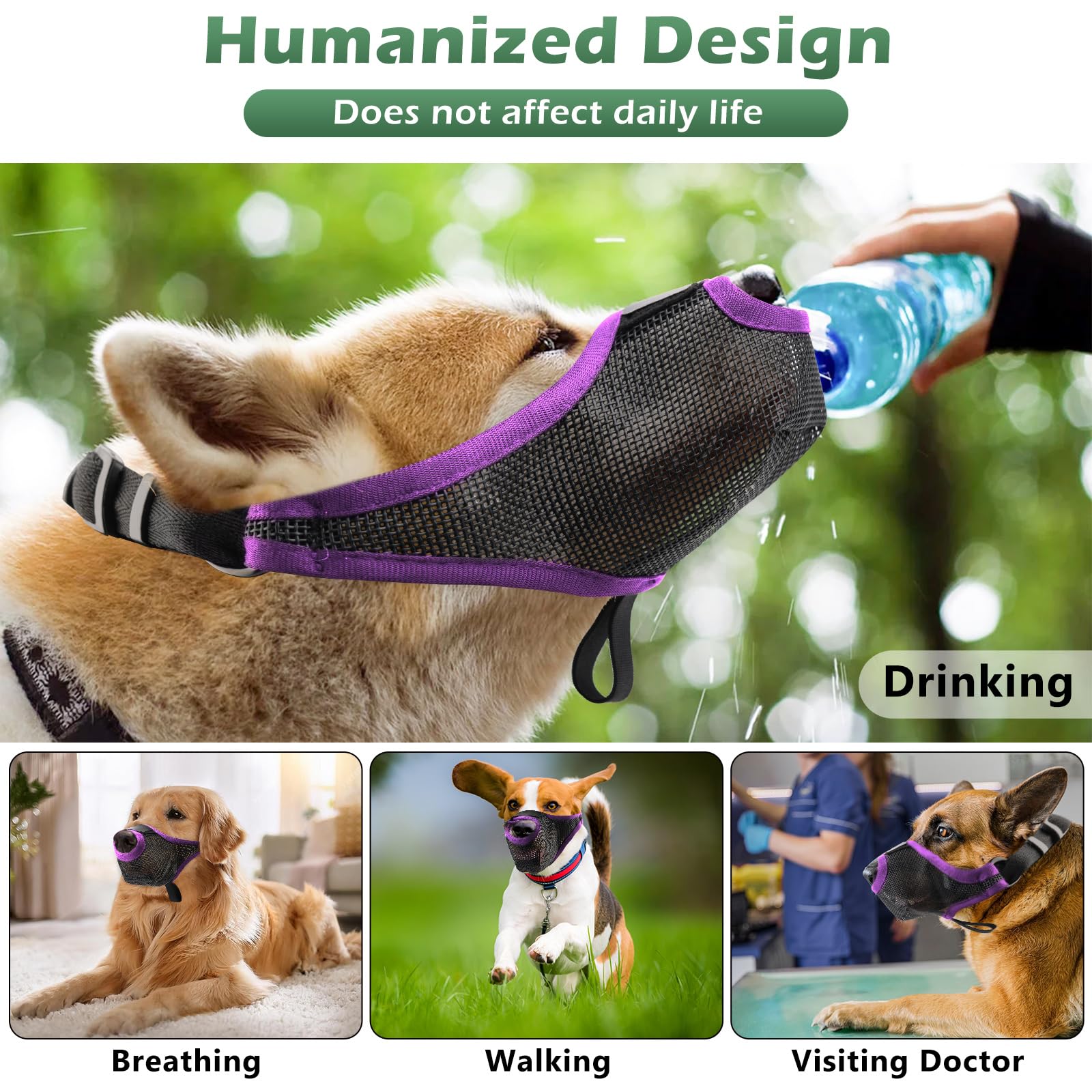 Purple Soft Dog Muzzle - Breathable Air Mesh, Allows Panting & Drinking - Adjustable Strap For Small To Large Dogs
