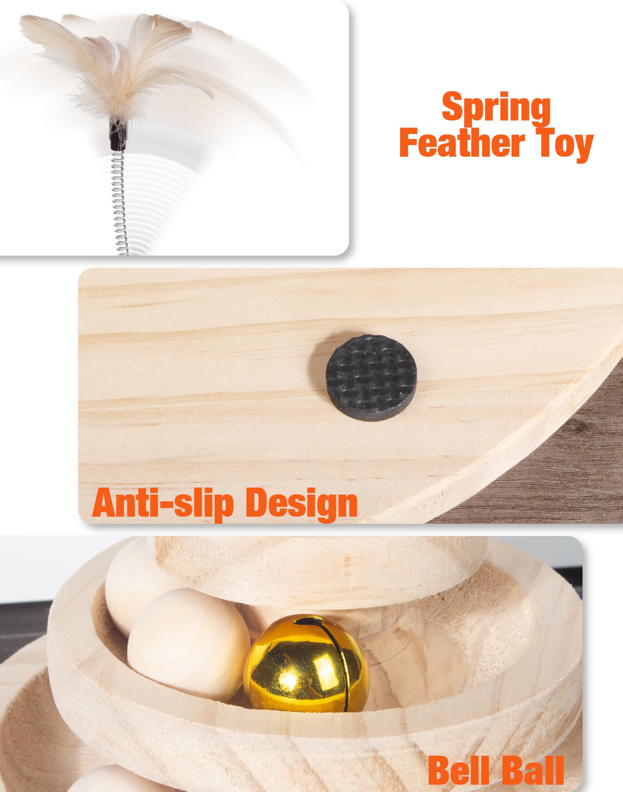 Fantasreen Wooden Cat Track Toy with Large Catnip Ball, Metal Bell Ball, 3-Level Interactive Tower for Indoor Cats, No Paint Saf