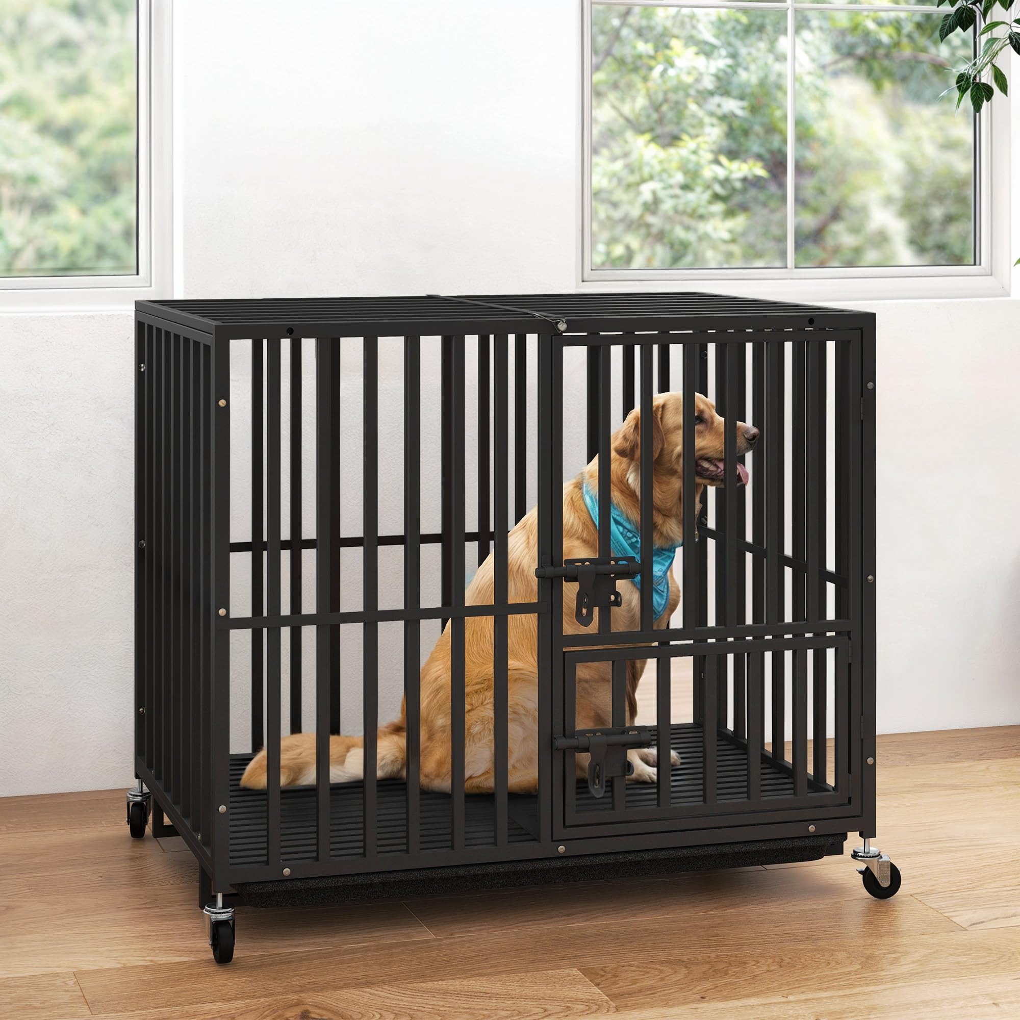 DWVO Heavy Duty Dog Crate, 38 Inch Escape-Proof Dog Cage Indoor Kennel for Medium Small Dogs with Lockable Wheels, 3-Door Design
