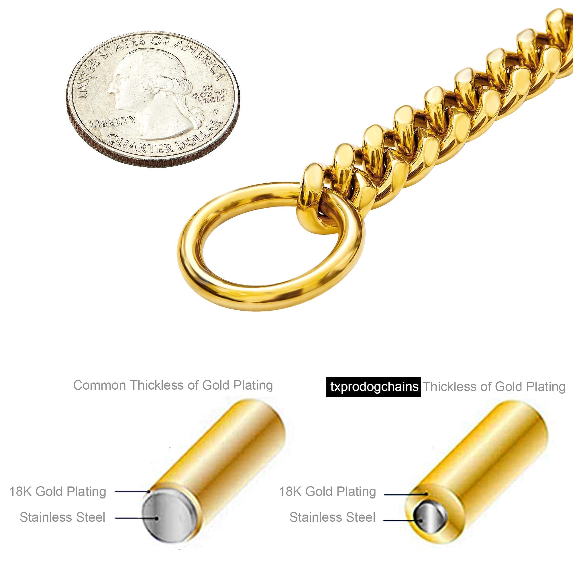 Txprodogchains 18K Gold Chain Dog Collar 10Mm Cuban Link Chain Stainless Steel Metal Links Walking Training Collar For Small Medium Large Dogs 10In To 24In (10' (Neck Fits 6'-8'), 18K Gold)