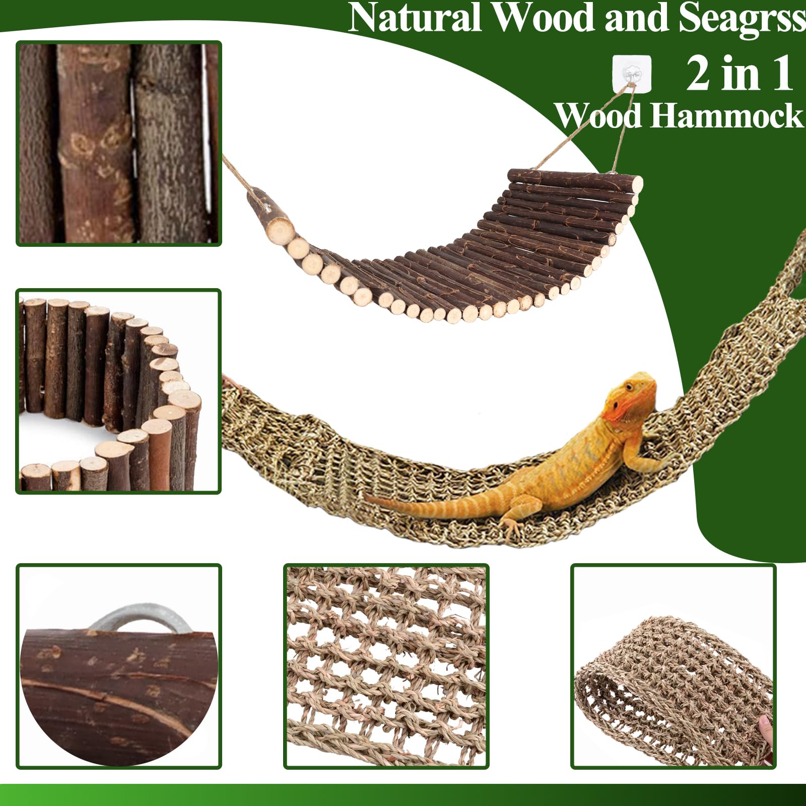 HERCOCCI Bearded Dragon Tank Accessories, Large Reptile Bridge Hammock Flexible - Jungle Climbing Vines and Leaves with Suction