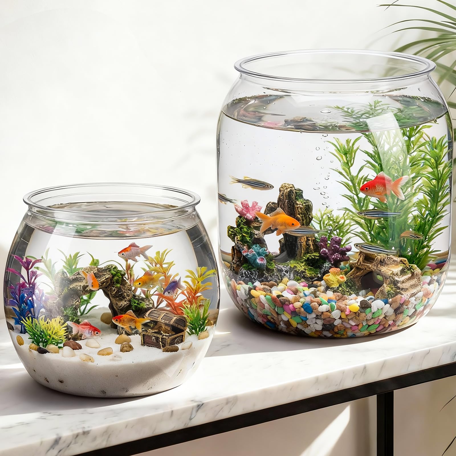 Cosblank 2 Pcs 4 Gallon & 1 Gallon Plastic Fish Bowl Large Round Clear Betta Aquarium Fish Tank Shatterproof Goldfish Bowl Hydro