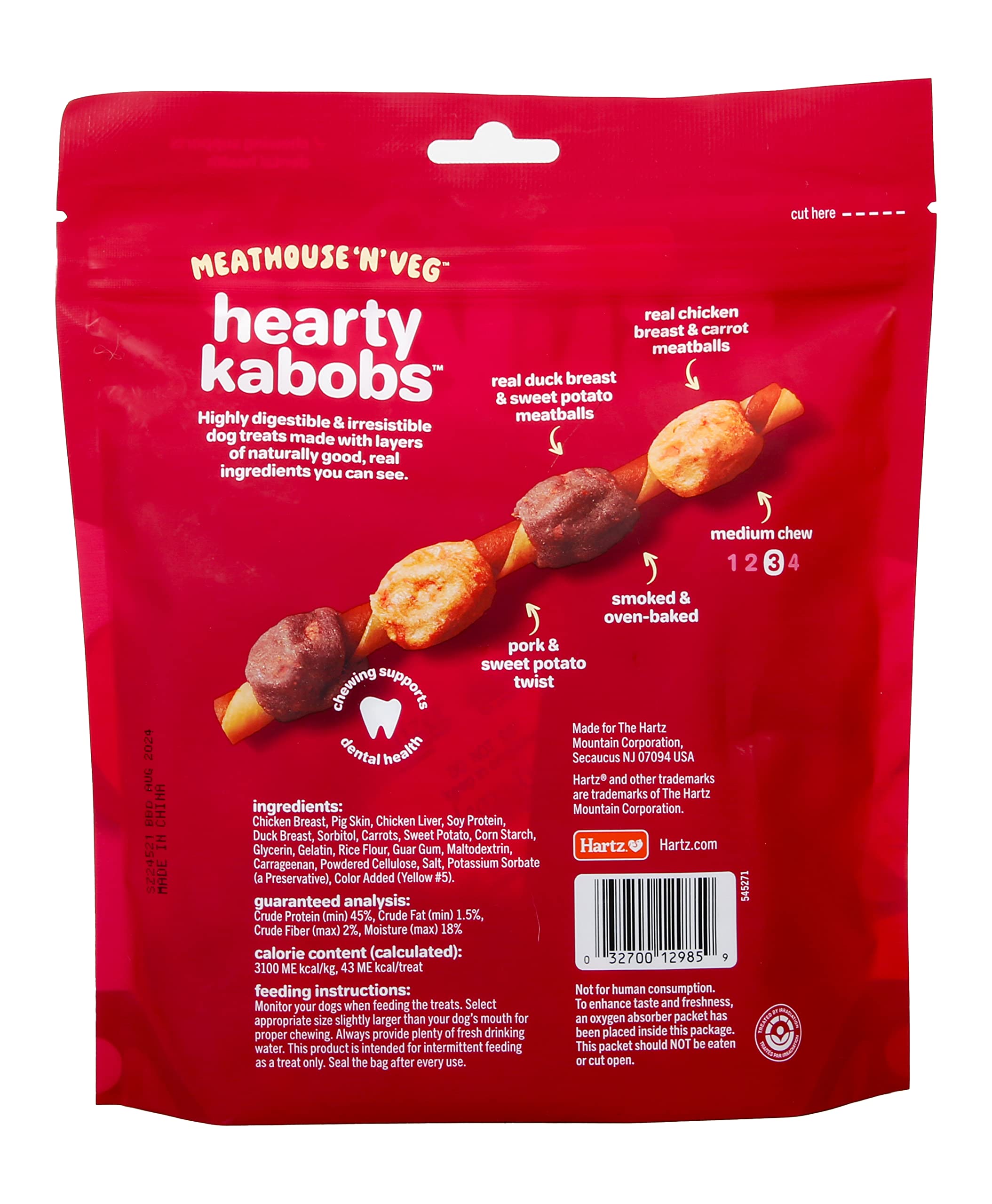 Oinkies MeathousenVeg Hearty Kabobs Dog Treats with Real Chicken, Duck, Carrots, and Sweet Potato, Long-Lasting Yet Highly Dig