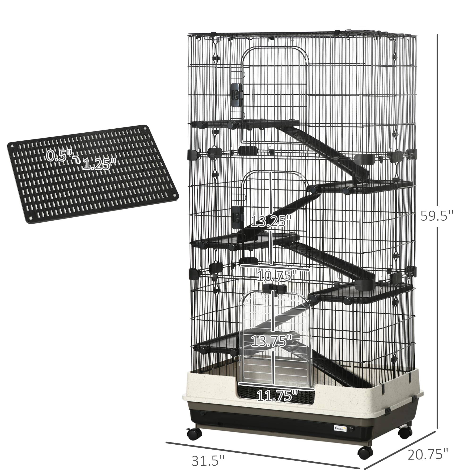 Pawhut 59.5' Small Animal Cage With Wheels, 6-Level Portable Bunny Cage, Chinchilla Ferret Cage With Removable Tray, Platform And Ramp