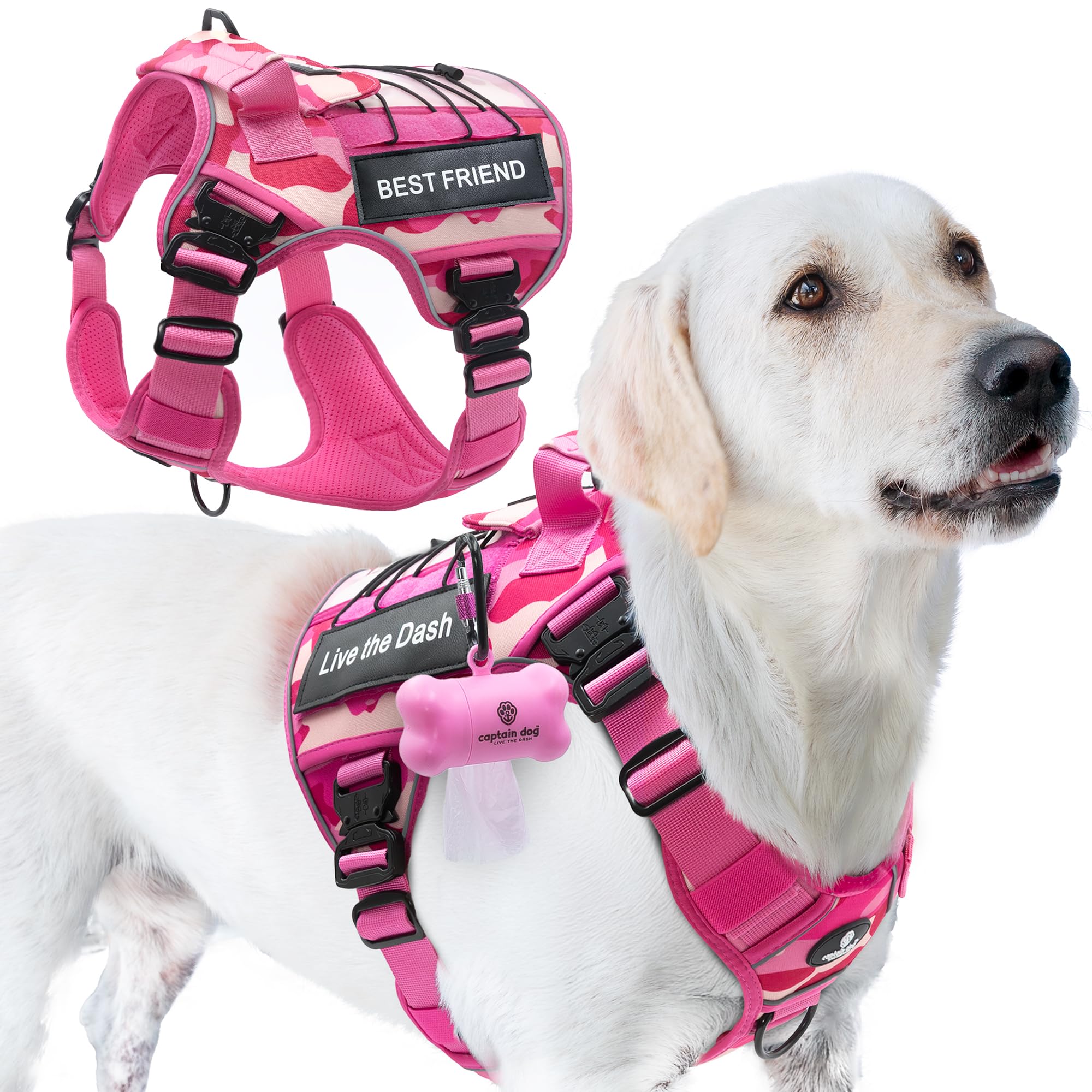 CAPTAIN DOG Harness Large Sized Dog with 4 Metal Buckles & Double Stitching - Reflective Strong Large Camo, Heavy Duty Dog Vest,