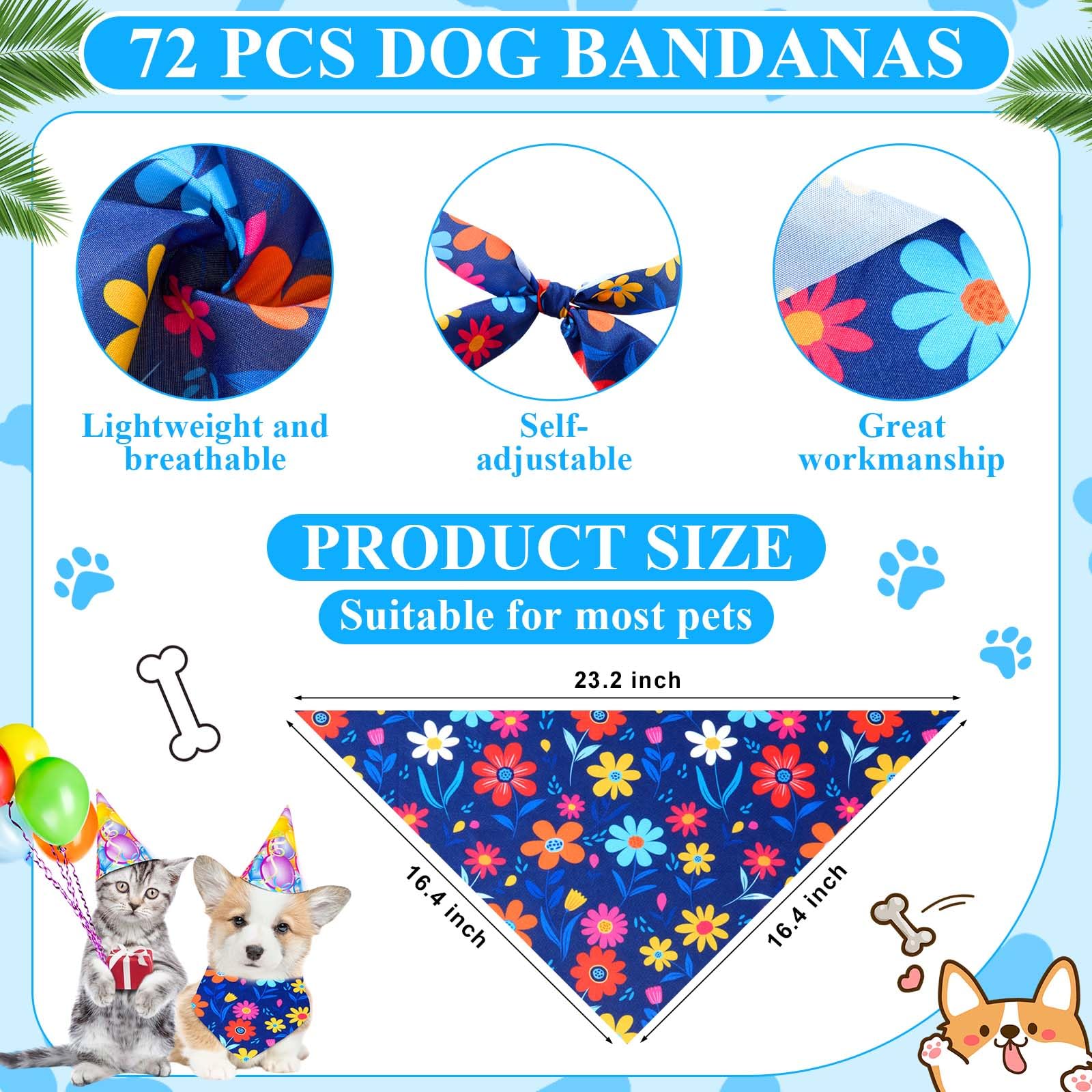 Sanwuta 72 Pcs Dog Bandana Bulk Washable Puppy Triangle Scarfs Cat Bandanas Adjustable Soft Cute Pet Triangle Bibs Accessories f
