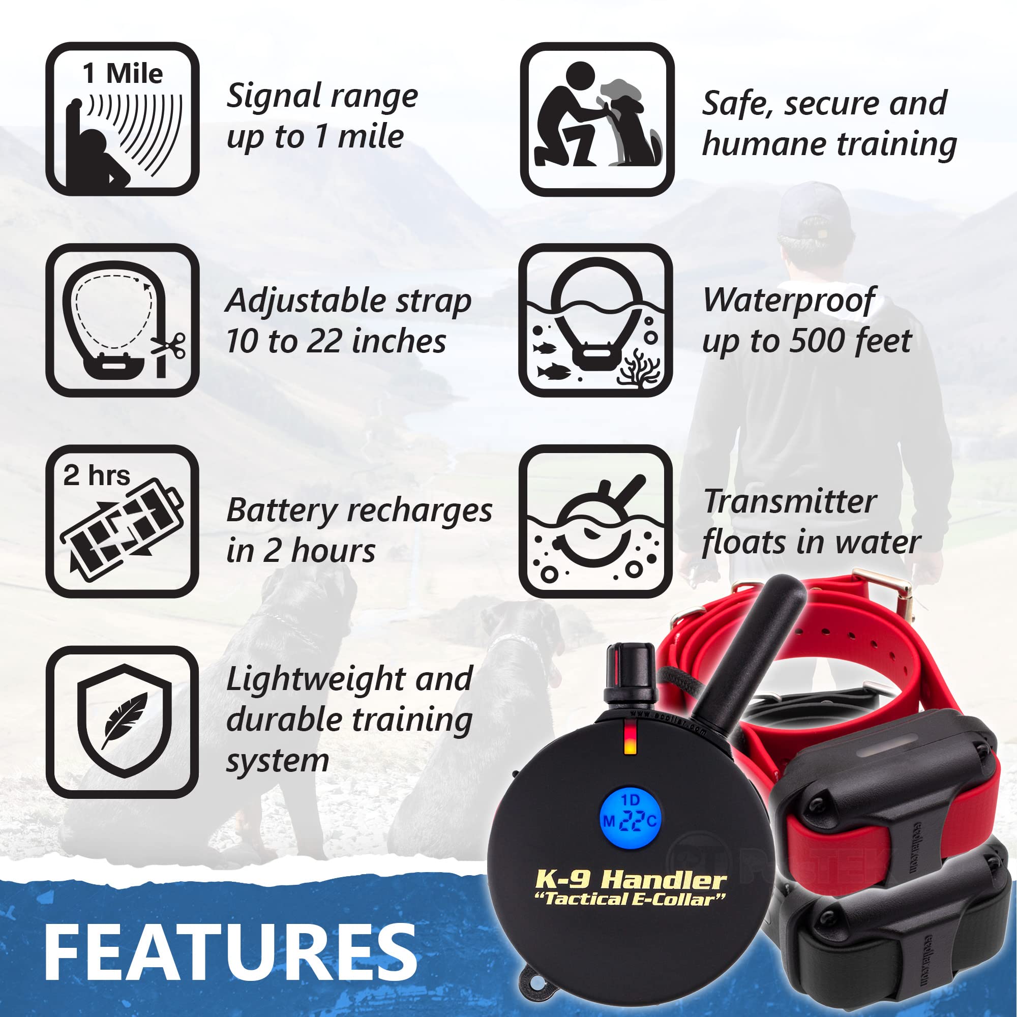 Educator K9-802 Two Dogs K9 Handler Professional E-Collar Training Collar With Remote - Up To 1 Mile Range, Waterproof, Recharge