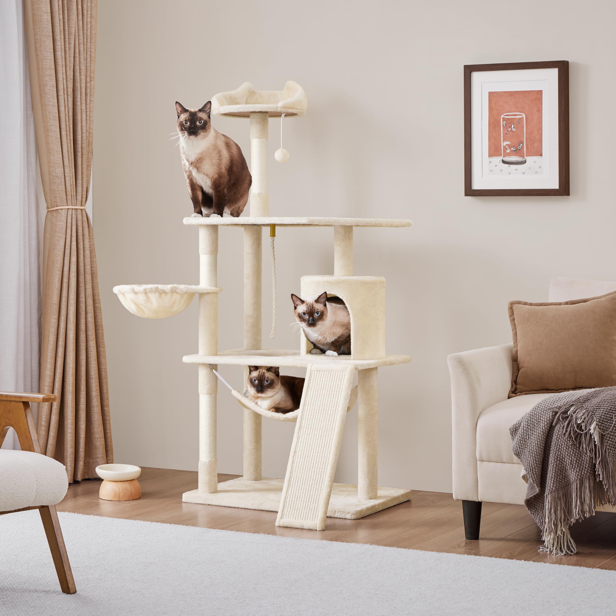 Yaheetech 63.5In Extra Large Cat Tree Condo With Sisal-Covered Scratching Post Plush Perch Hammock, Cat Tower Activity Center Ki