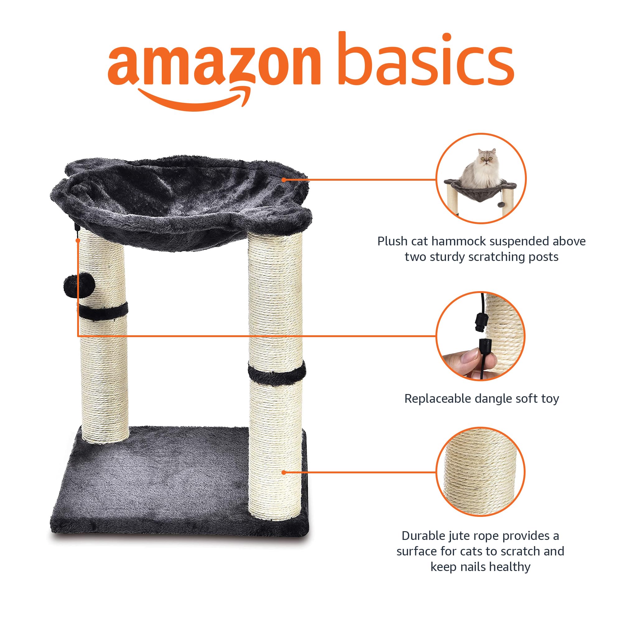 Amazon Basics Cat Tower - Indoor Cat & Kittens Hammock Tower With Scratching Posts And Dangling Ball, (19.7'H) - Gray