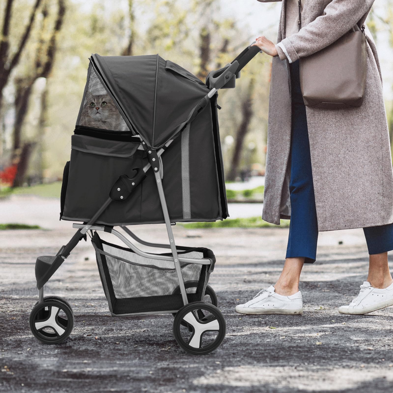 Monibloom Foldable Pet Stroller With Weather Cover, 3 Wheels Pet Strolling Cart For Small/Medium Dogs And Cats With Storage Basket And Cup Holder, Breathable And Visible Mesh For All-Season, Black