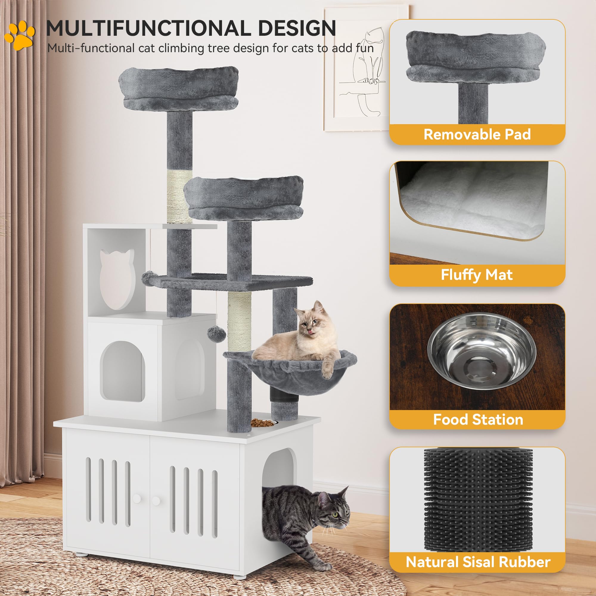 Yitahome Cat Tree With Litter Box Enclosure, 2-In-1 Cat Furniture, Modern Cat Condo, Indoor Cat Tower With Wood House, Perch, Fo