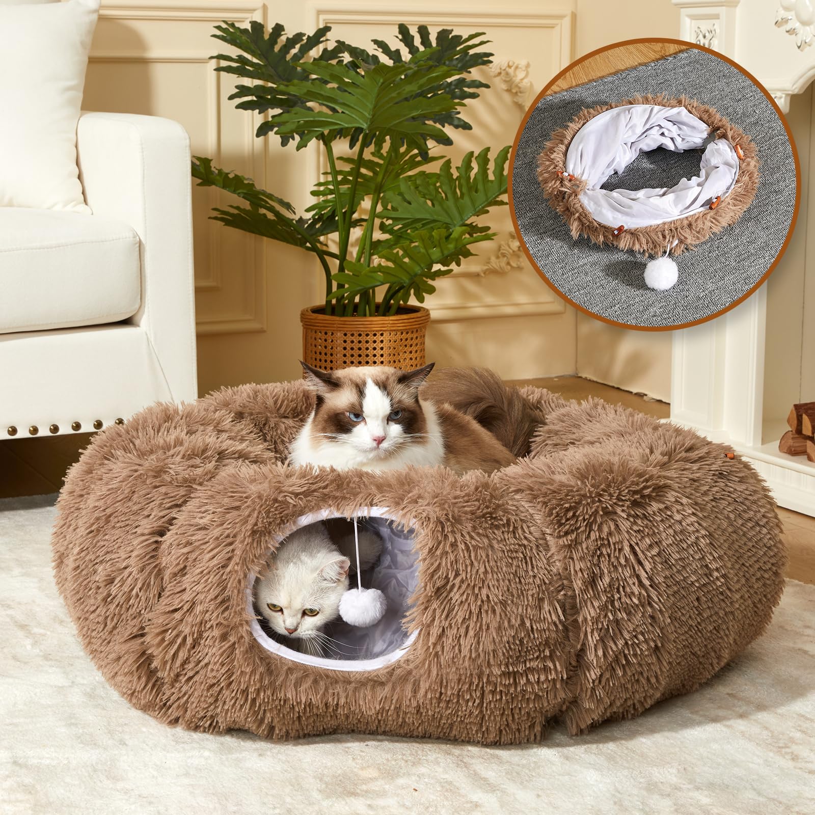 Bininl Cat Tunnel Bed For Indoor Cats Peekaboo Cave Donut With Washable Circle Cushion Interior Cat Play Tunnel (34 Inch, Brown)